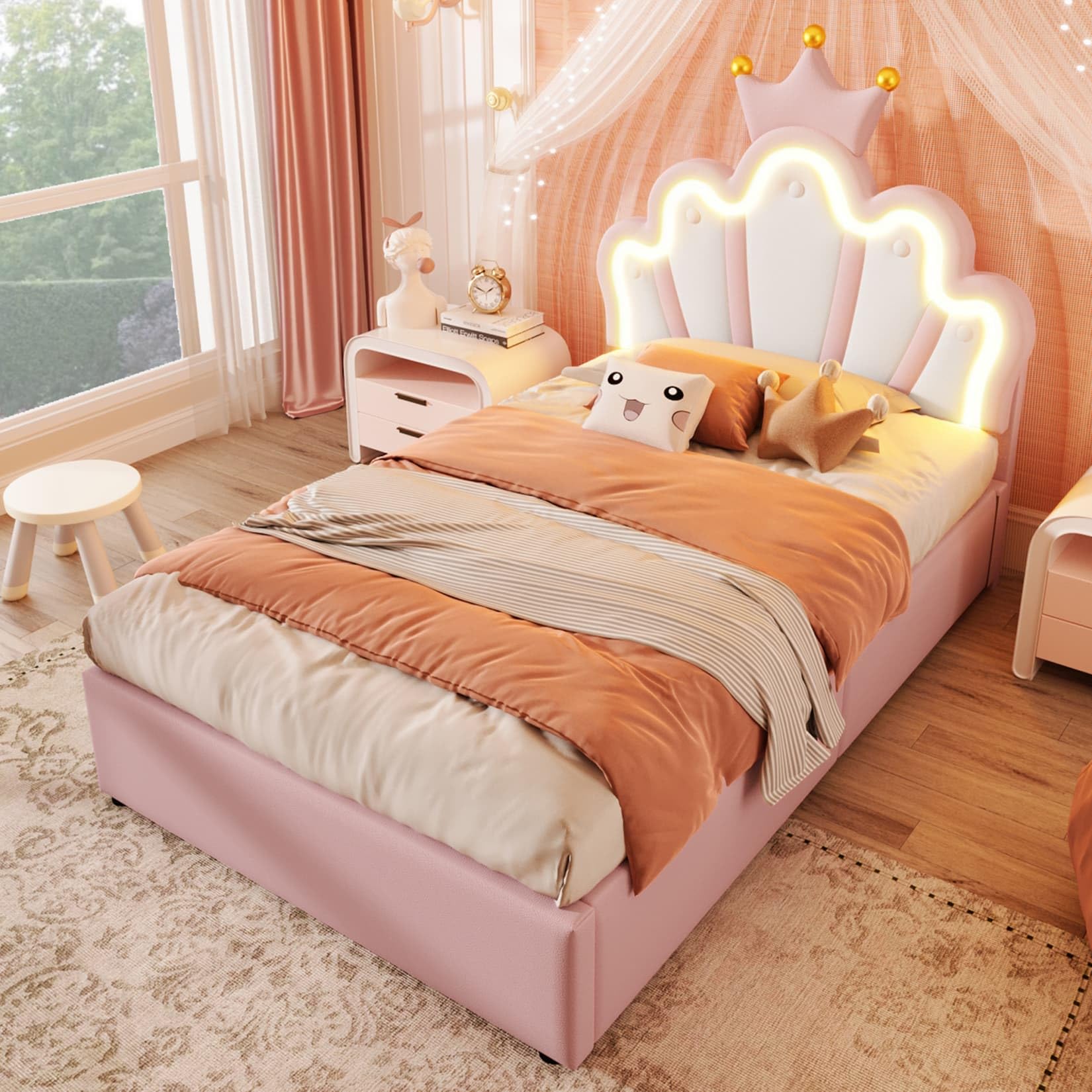 EURHCIO Lit Enfant Fille 90x200cm,Lit Coffre Une Place avec Éclairage LED Réglable,Tête en Forme de Couronne Réglable,Stockage Hydraulique pour Enfants Adolescents(C-Rose,90x200)