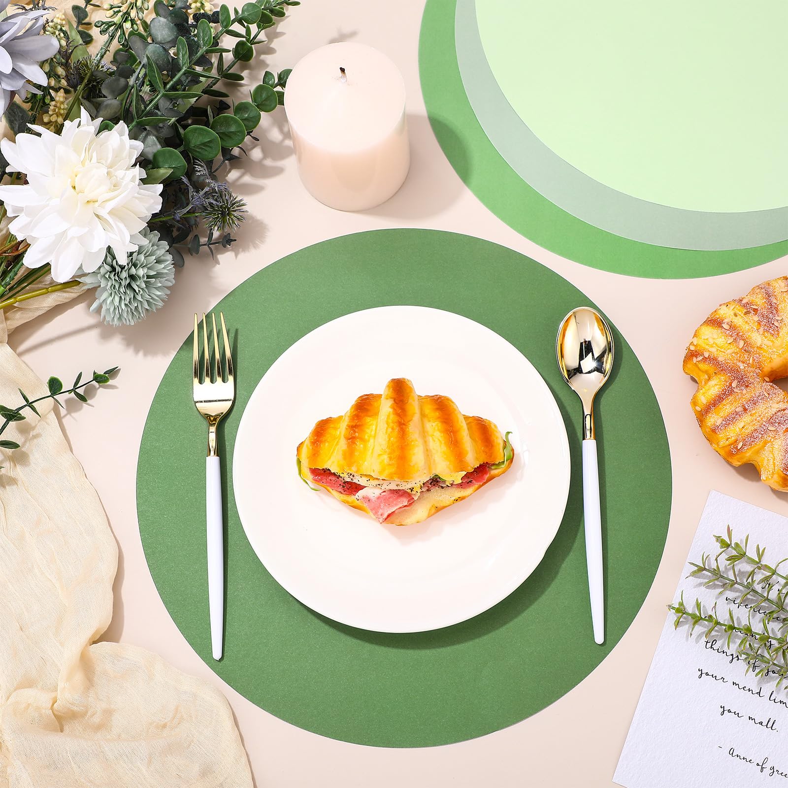 100 manteles individuales desechables de papel para mesa de comedor, vacaciones, bodas, banquetes, fiestas, decoración (rosa, 14 x 10 pulgadas) (verde, 13 pulgadas)