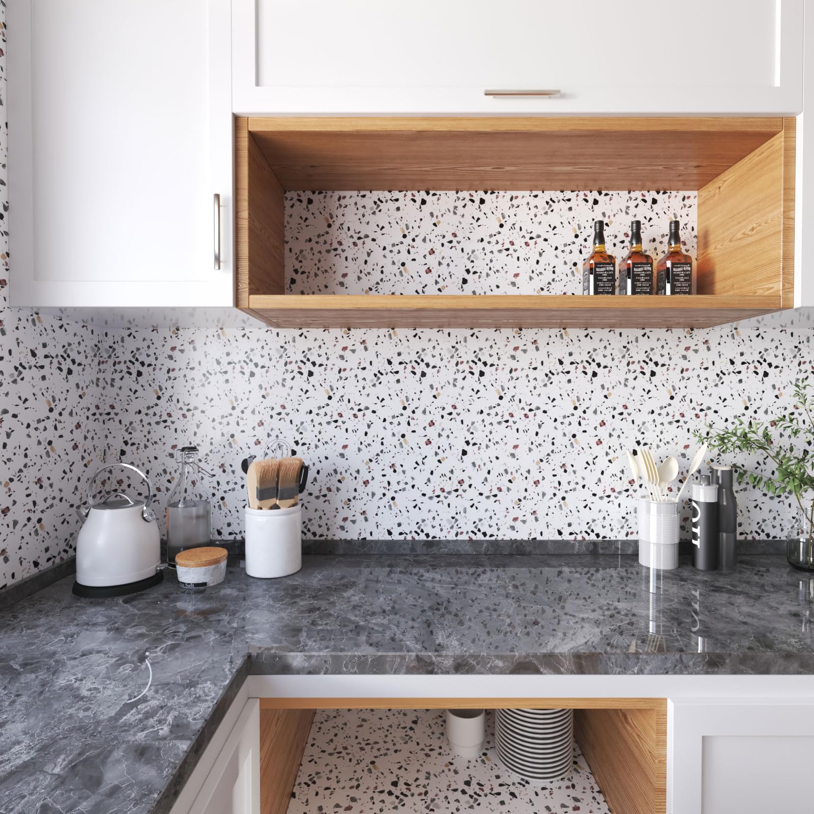 Decotalk Carta da Parati Effetto Terrazzo Bianco Moderna 90X300cm Pellicola Adesiva Per Mobili Bianco Decorazione Parete Rivestimento Adesivo Per Piano da Cucina Armadio Adesivo Vinile Impermeabile
