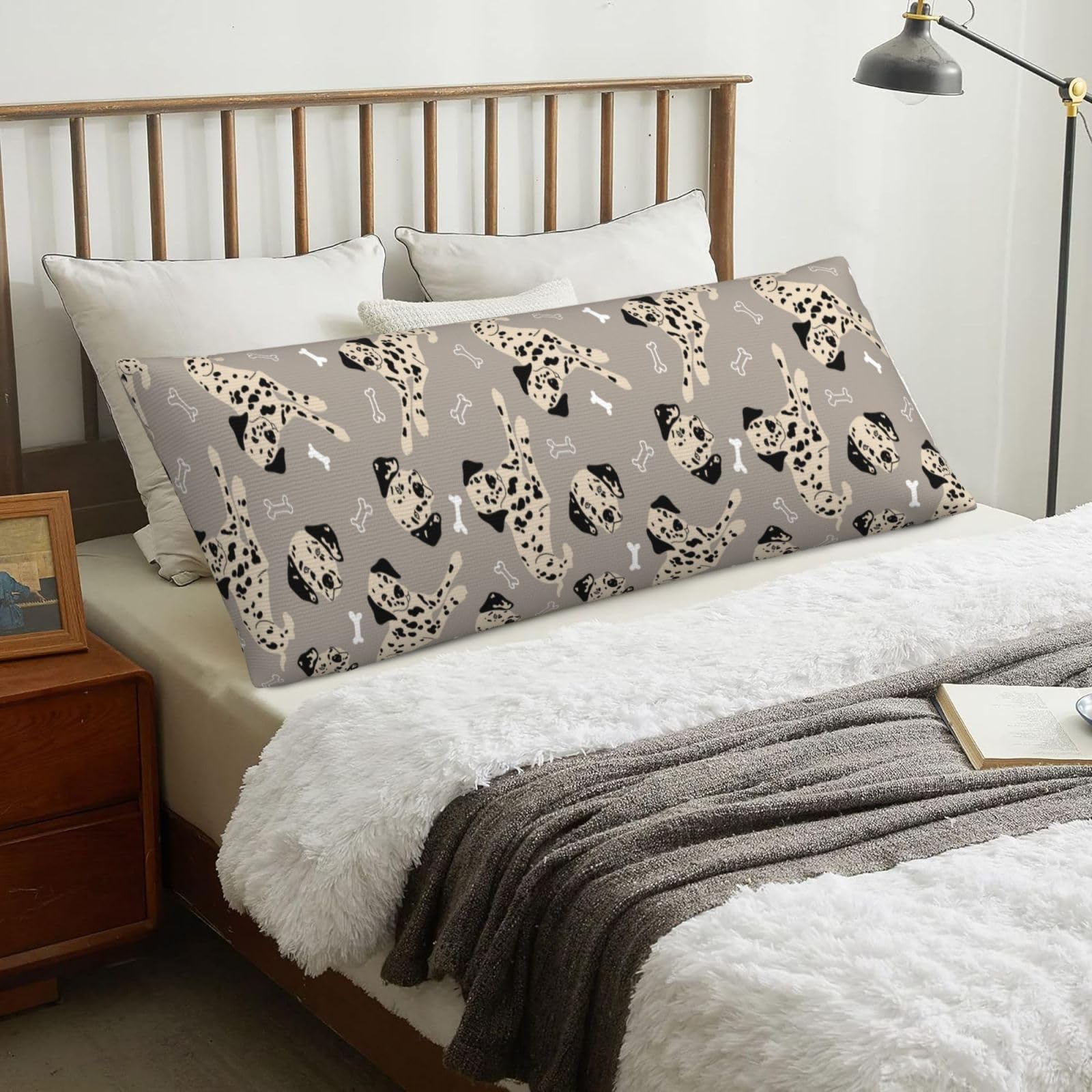 Dalmatians And Bones On Grey, Body Pillow Cover with Zipper,Long Body Pillowcase 20 x 60 in