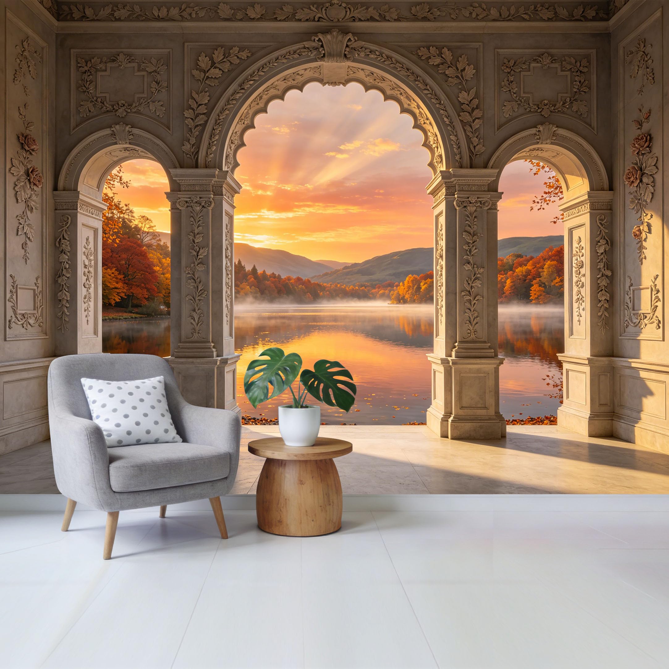 Removable Self Adhesive Fabric Mural， Neoclassical Architectural Archway Mountain Lake Autumn Landscape Custom Size Wall Covering， UV Protected Waterproof Washable Wall Decor for Living Room