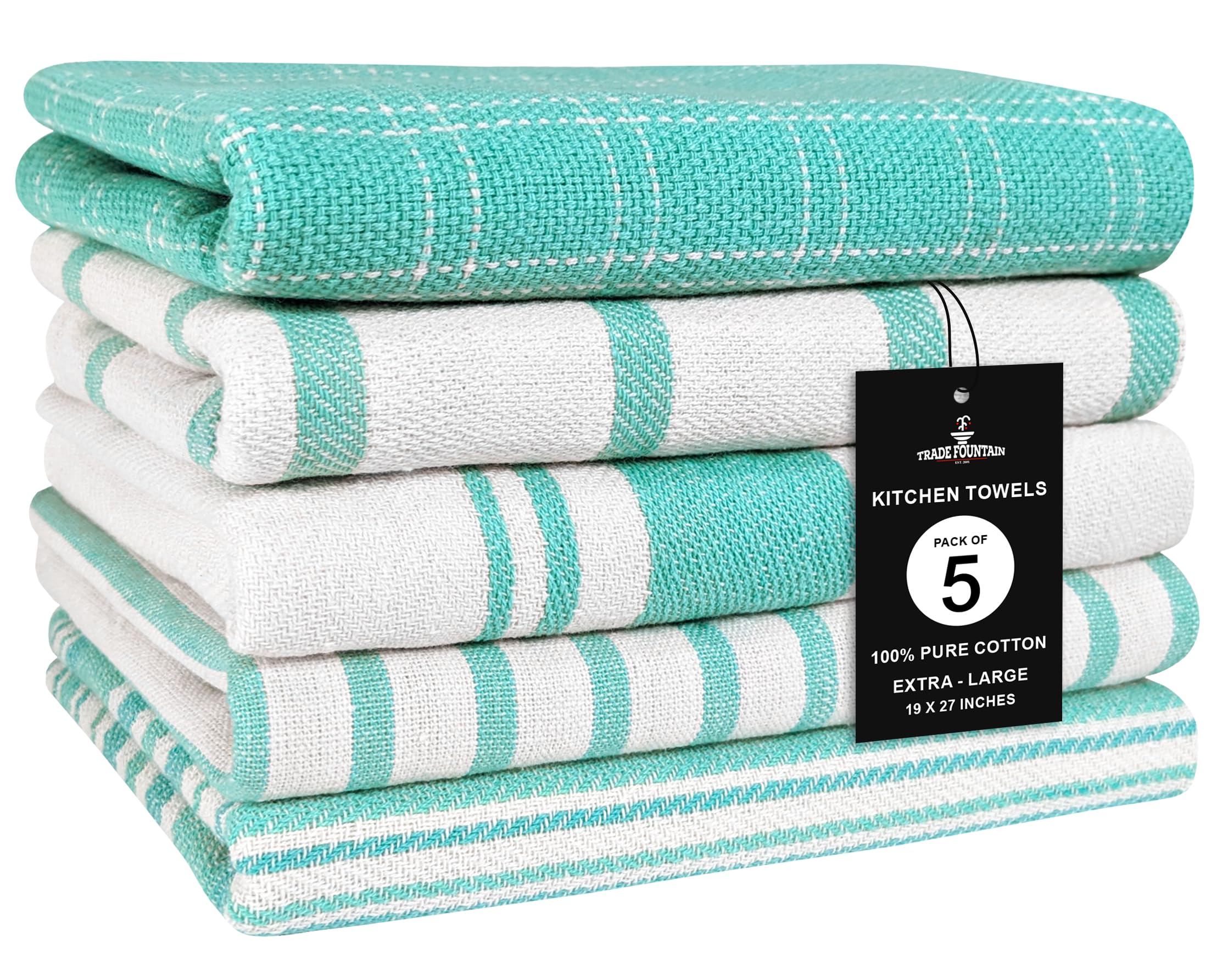 Trade Fountain Tea Towels - 46 X 71 cm Tea Towel Pack of 5 - Durable & Super Absorbent Dish Cloths - Stylish Design Dish Cloth & Towels - 100% Cotton Kitchen Towel (Aqua)
