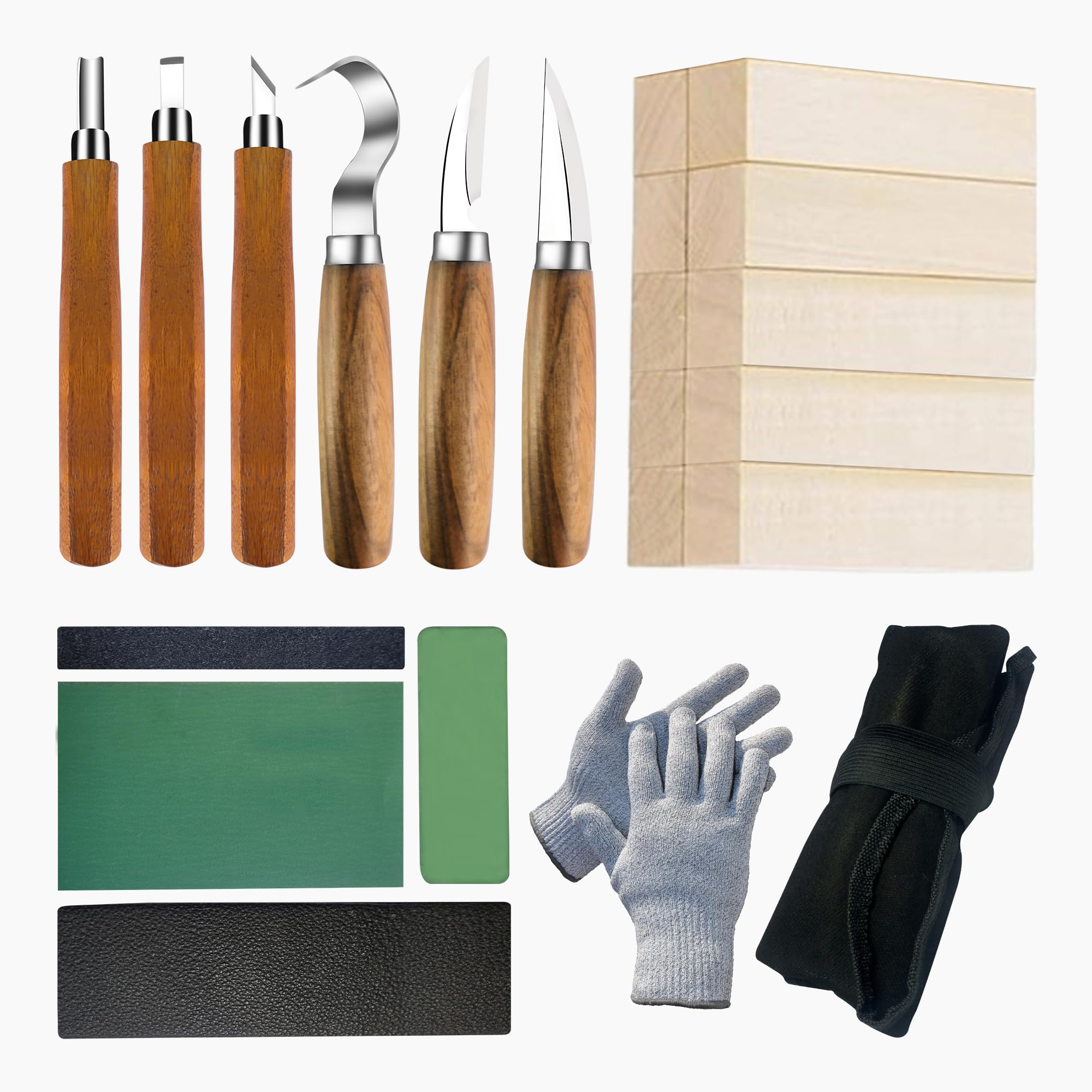 Woodworking Tool Set, 23PCS Woodworking Whittling Kit for Beginners, Including Blocks, Strop, Polishing Compound & Roling Bag