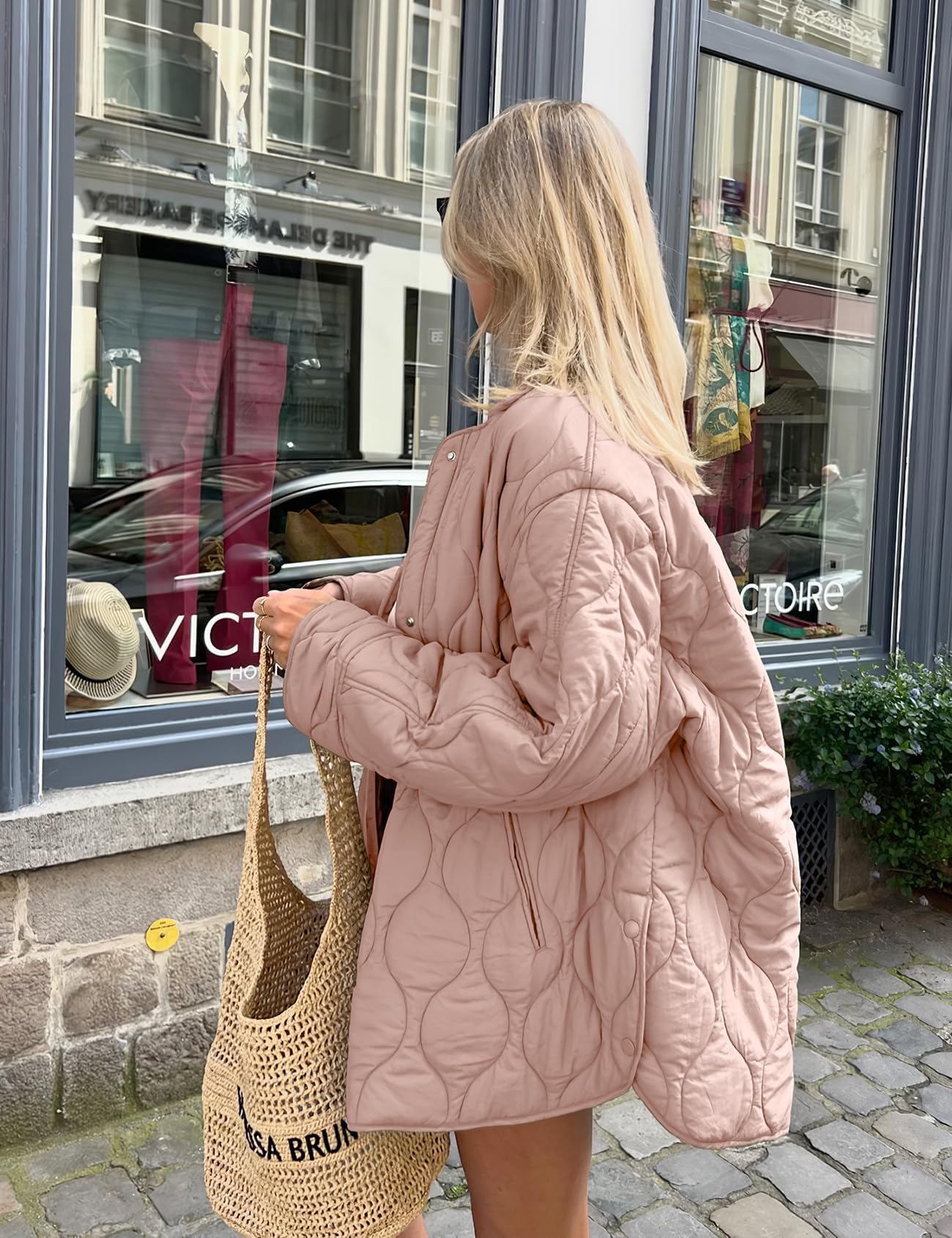Women's Fall Winter Quilted Cotton Coat: Loose Fit Round Neck Casual Jacket, Solid Color Oversized Padded Outerwear for Trendy Daily Streetwear — view 3