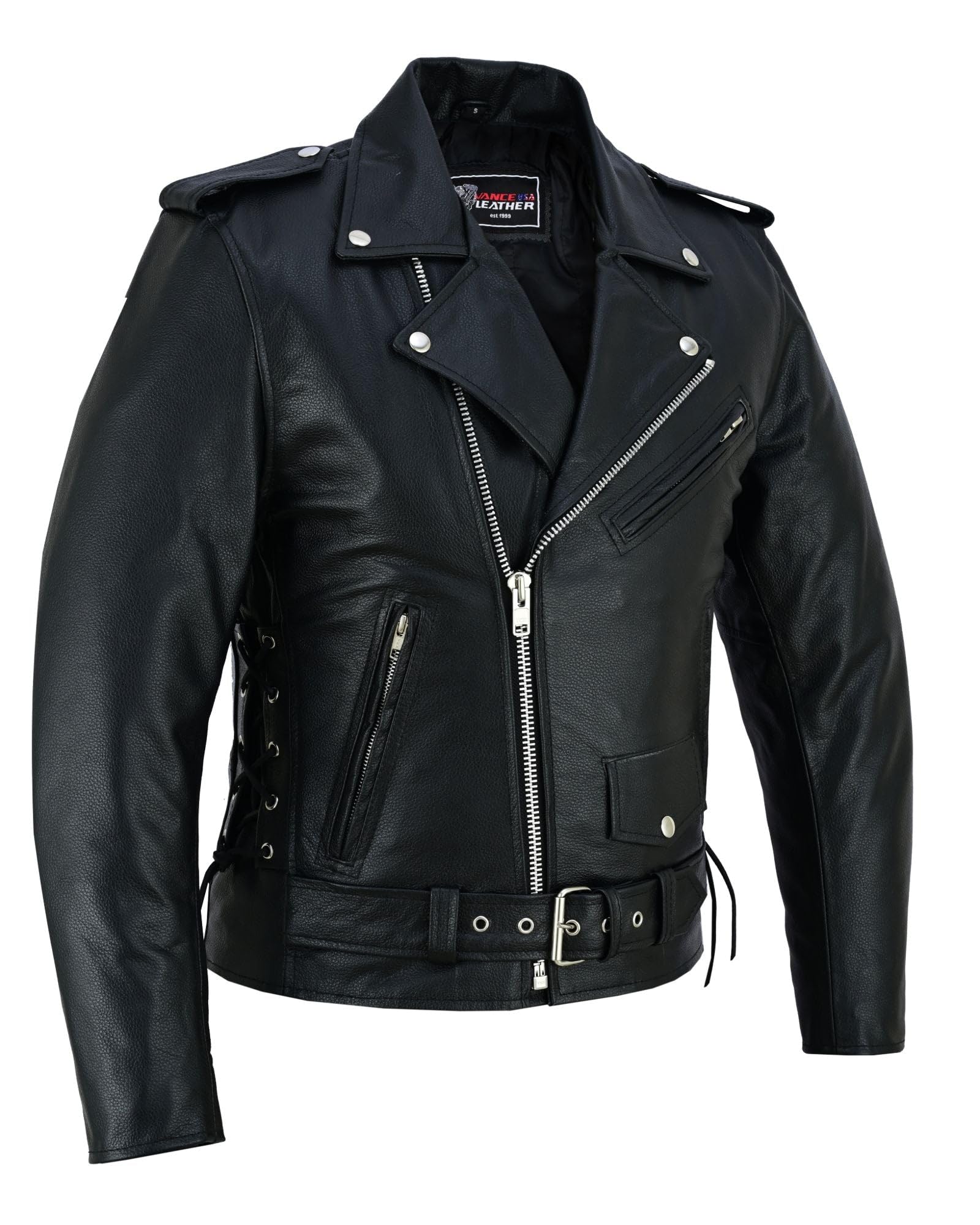 Mens Premium Cowhide CCW Insulated Liner Side Laces Classic MC Motorcycle Biker Black Leather Jacket
