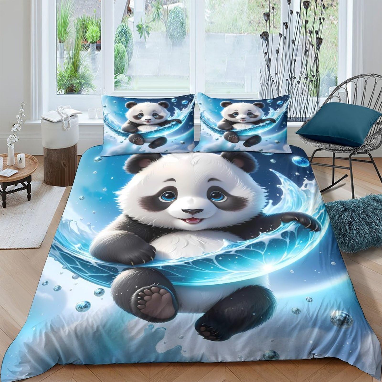 Ctjqhvkz Style-4 3D Printed Cute Panda Fitted Sheet Microfiber Soft Blue Cartoon Mattress Cover For Bedroom Dorm Bed Decor Single（135X200cm）