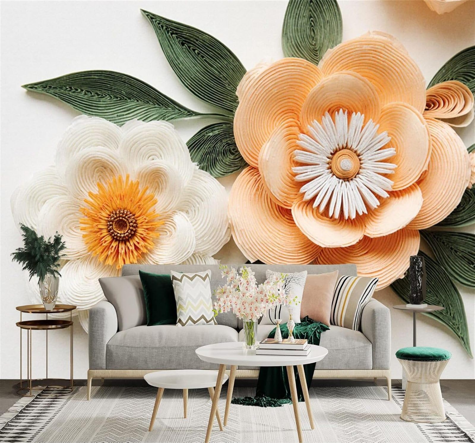 YueMingDi Elegant Exquisite Orange White Flowers Green Leaves 3D Wallpaper Creative Modern Decoration Murals Home Decor Study Living Room Bedroom Sofa Background-150cm×105cm