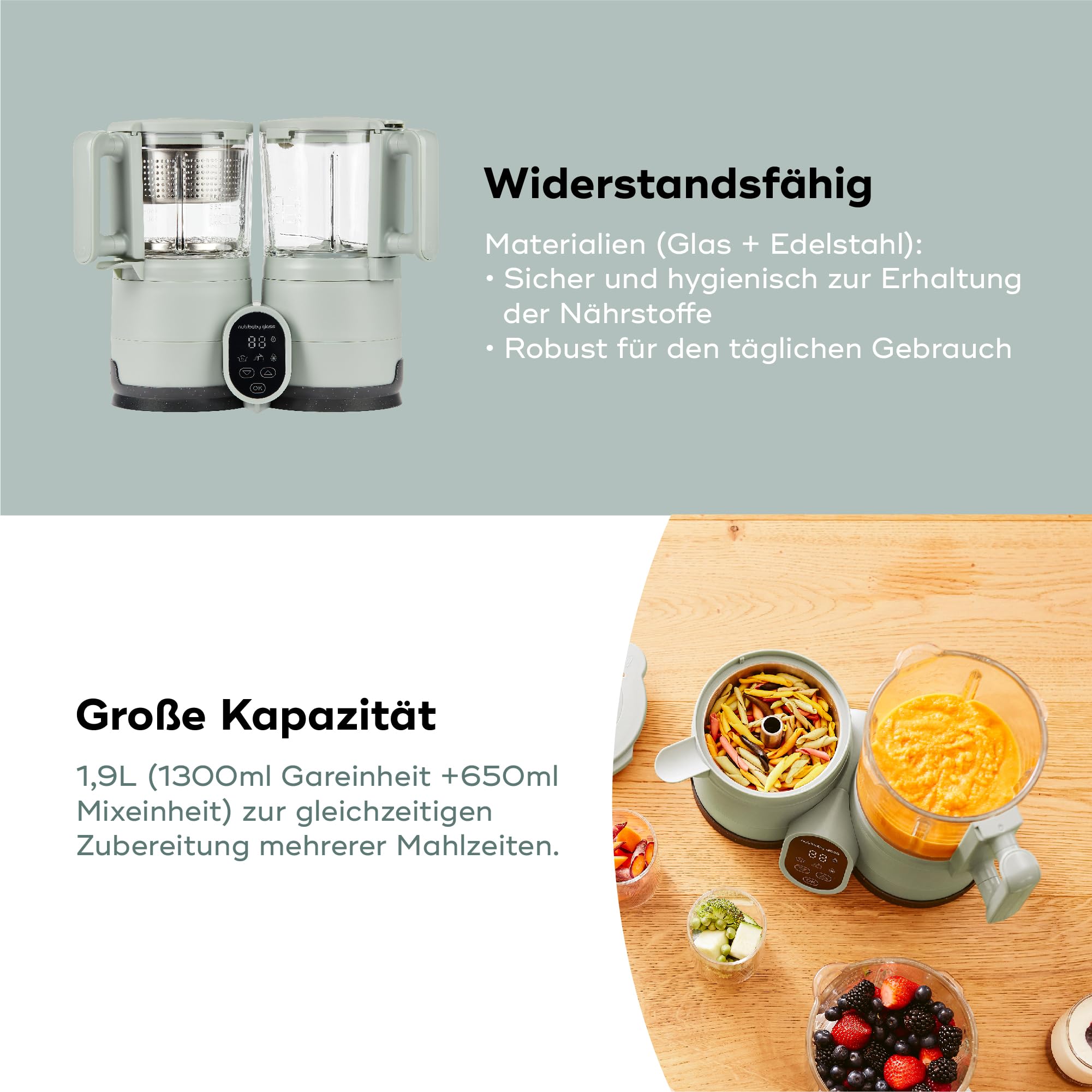 Babymoov Nutribaby Glass Green Celadon 4-in-1 Babynahrungszubereiter aus Glas und Edelstahl, 1900 ml Dampfgaren Mixen Aufwärmen Erwärmen