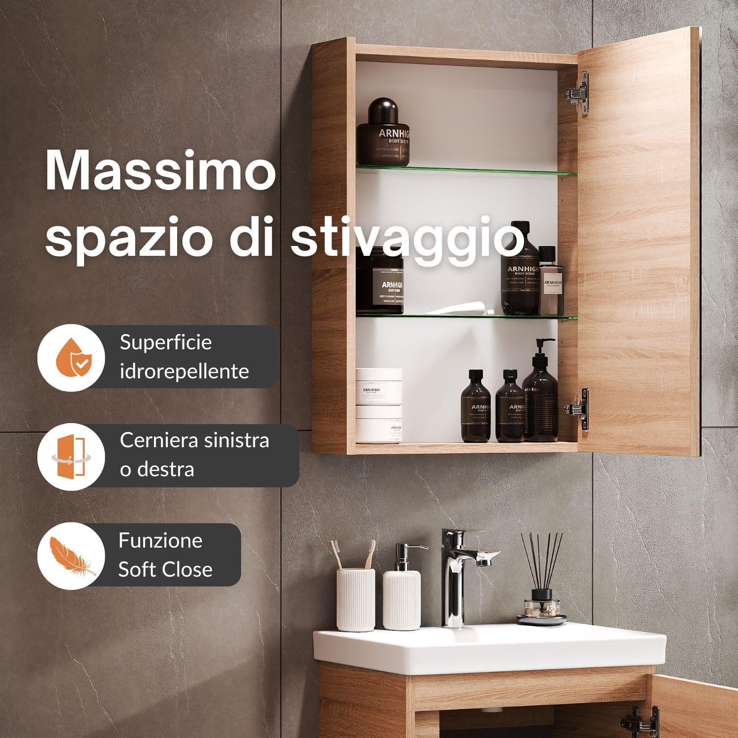 Planetmöbel Lavabo con mobile sottolavabo 50 cm incl. armadio a specchio 50 cm, set di mobili da bagno con lavabo, sospeso, rovere sonoma