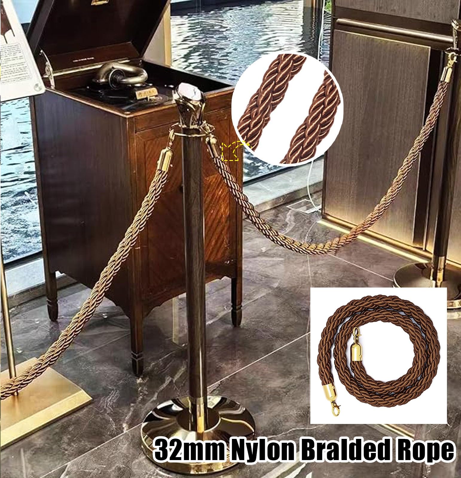 Stanchion Rope 4 Pcs Crowd Control Hemp Stanchion Rope Brown, 3 4 5 6 10 Ft Twisted Rope VIP Braided Barrier Line with Gold Clasps, Theater Party Ropes Dividers(105cm/3.5ft/41.3in)