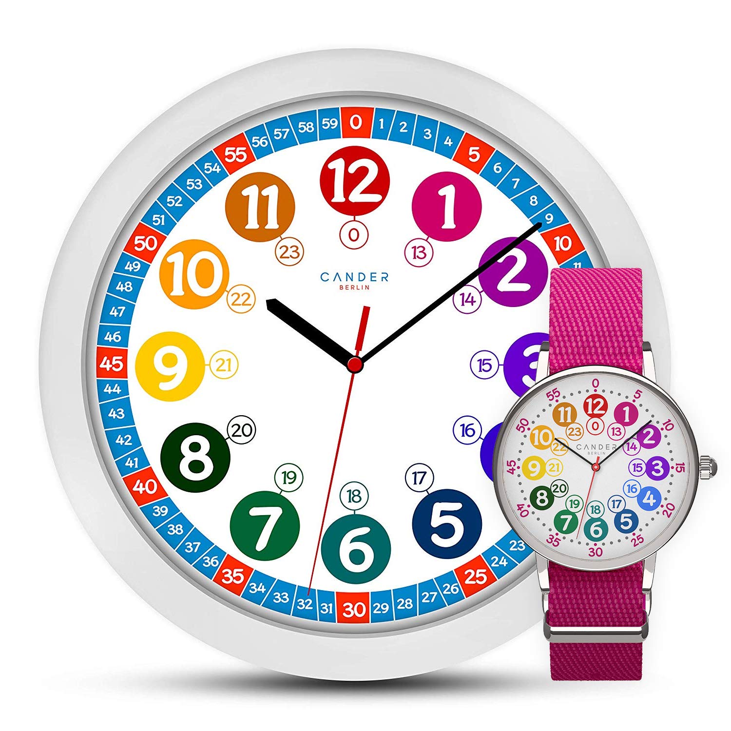 Cander Berlin MNU 1030 Kinderwanduhr Wanduhr und MNA 1030 M Armbanduhr Kinder Armbanduhr Kinderuhr Lernuhr Mädchen