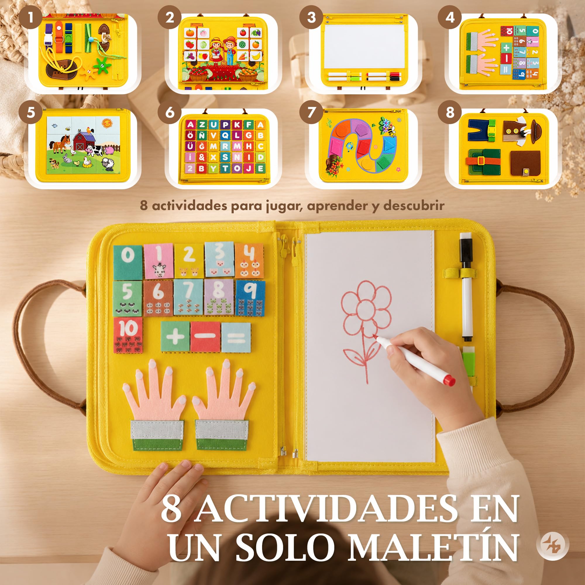 Busy Board Montessori con Pizarra. Tablero de Actividades Sensoriales. Maletín Educativo para Motricidad Fina. Juguete de Viaje para Niñas y Niños de 3, 4, 5 años. Regalo Infantil, Cumpleaños
