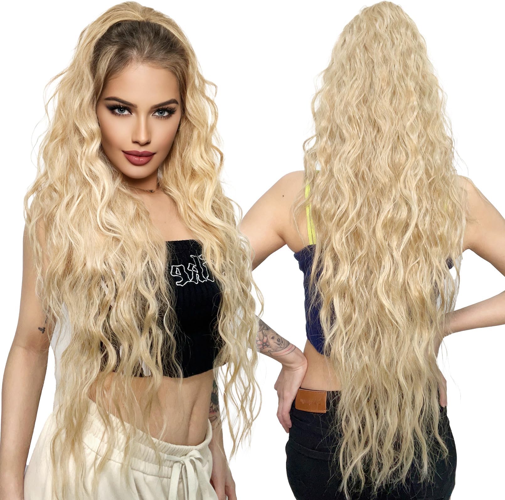 LONAI Ponytail Extension, 34" Long Wavy Drawstring Ponytail Extensions, DP001 Softer Lighter 80% Japanese Import Synthetic Clip in Hair Extensions Natural Looking Hairpiece for Women-Honey Blonde