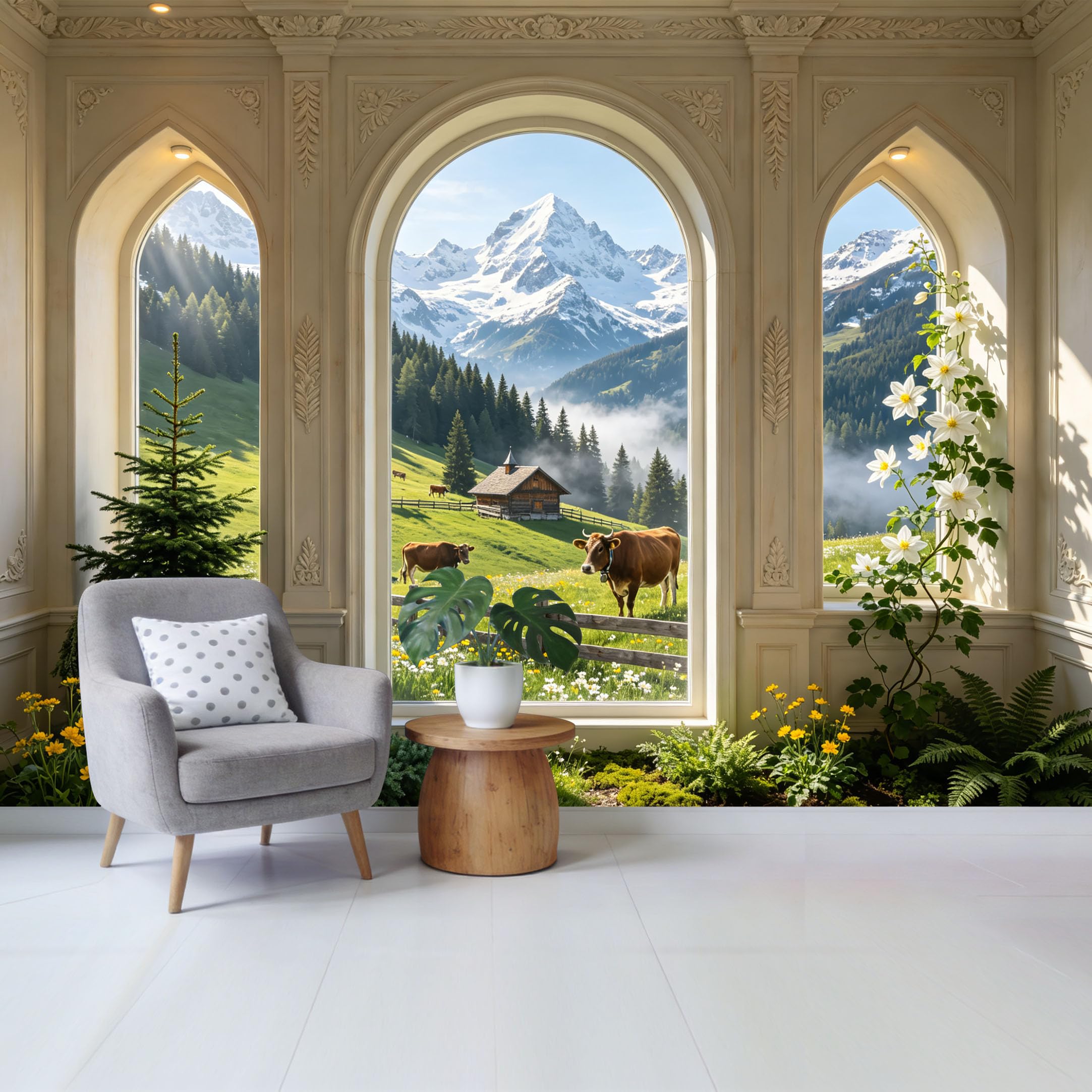 Custom Size Wall Mural Mountain Landscape Alpine Meadow Chalet Cows Green Valley Forest View Removable Self Adhesive Fabric Home Wall Decor for Living Room Bedroom Bathroom