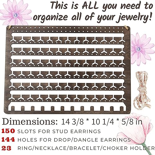 Miniatura 4 de KDAE Organizador de joyas de madera montado en la pared, organizador de joyas colgante, organizador de aretes, soporte para collares, pulseras sobre