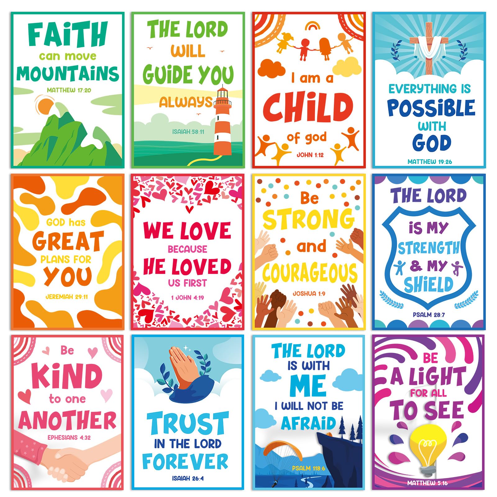 gisgfim 12 Pcs Kids Ministry Bible Quotes Posters for Sunday School Lessons Educational Wall Art Decorations for Classroom Motivational Religious Bulletin Board Chart for Elementary Middle School