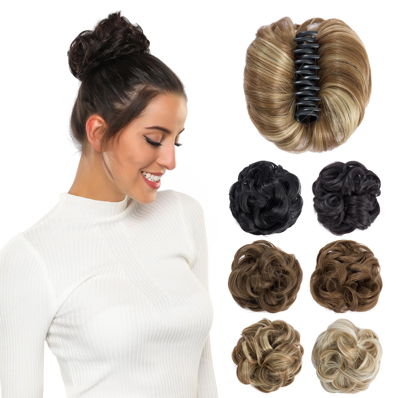 Yamel Messy Bun Hair Pieces for Women Claw Clip Hair Bun Extension Light Brown mix Ash Blonde Tousled Space Updo Synthetic Donut Curly Scrunchie