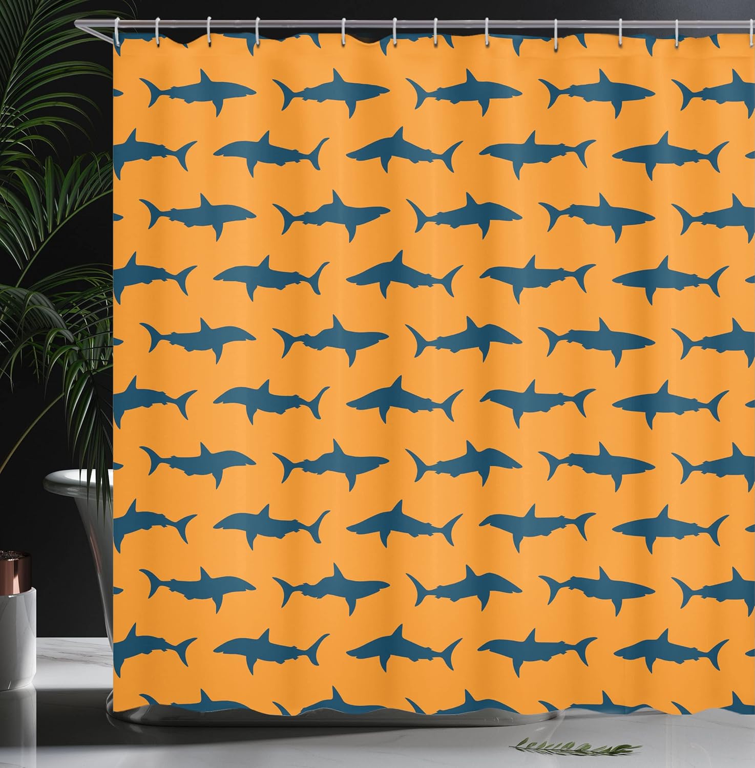 Ambesonne Sea Animals Shower Curtain, Sharks Swimming Horizontal Silhouettes Powerful Dangerous Wild Life, Cloth Fabric Bathroom Decor Set with Hooks, 69" W x 70" L, Night Blue