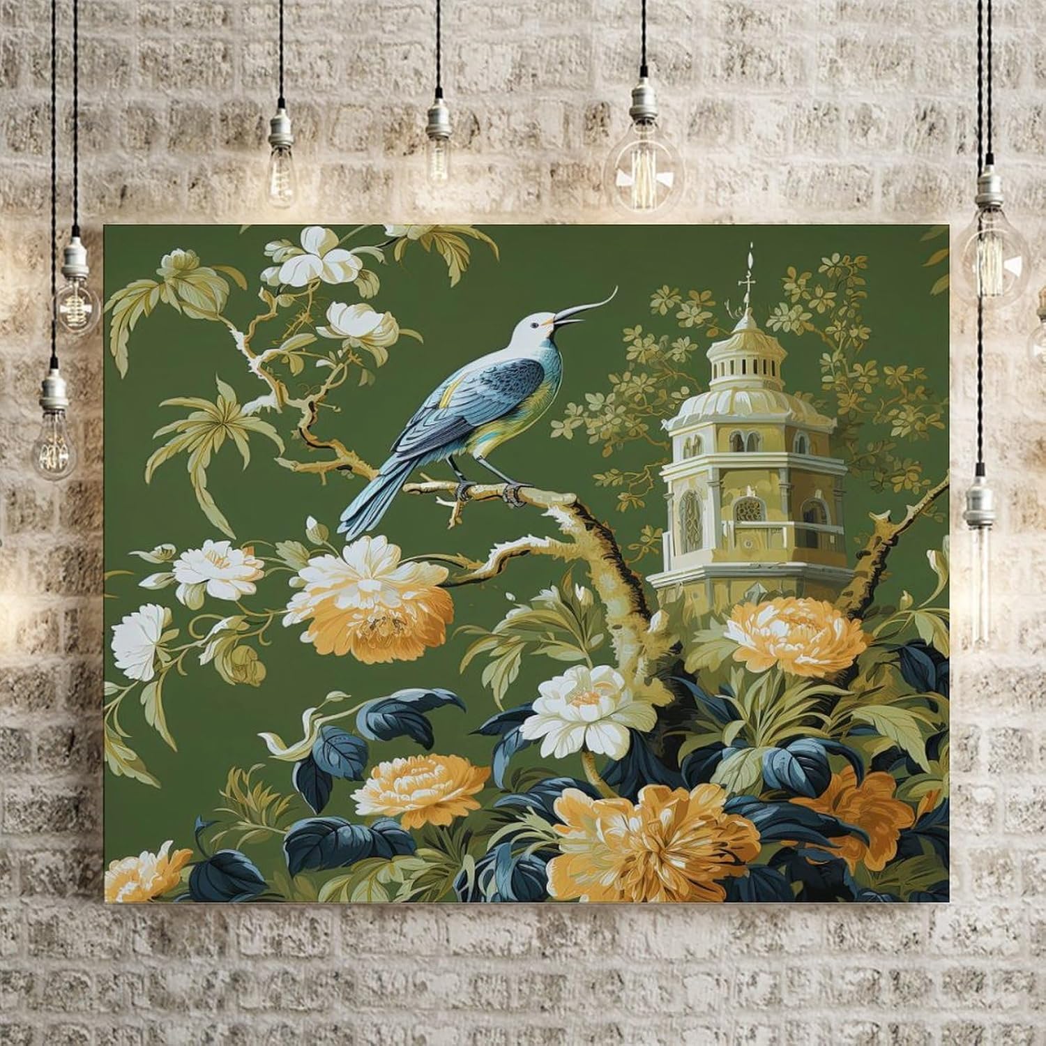 Wall Art Canvas 20x16in,Pagoda Garden Green Chinoiserie Canvas Wall Art Typography Home Office Wall Decor Prints Artwork for Bed Living Room Modern Paintings on Prints Birthday Gifts