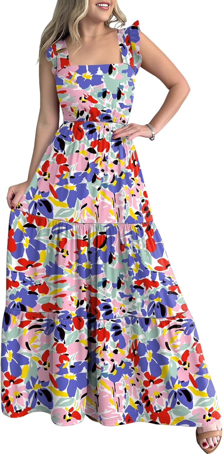 Prinbara Womens Maxi Dress Summer Casual Sleeveless Square Neck Flowy Ruffle Backless Beach 2026 Vacation Boho Long Sundress