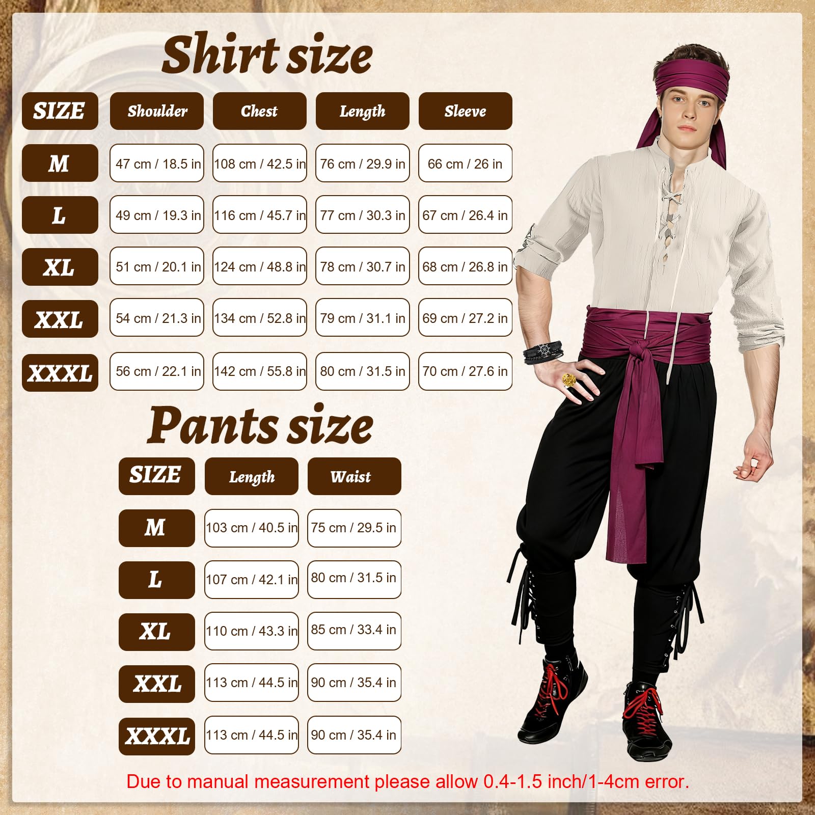 8 Pieces Pirate Costume,Halloween Costumes Men,Pirate Costume Adult Men,PirateOutfit Halloween Costumes for Carnival,Cosplay Parties (X-Large) - Image 2