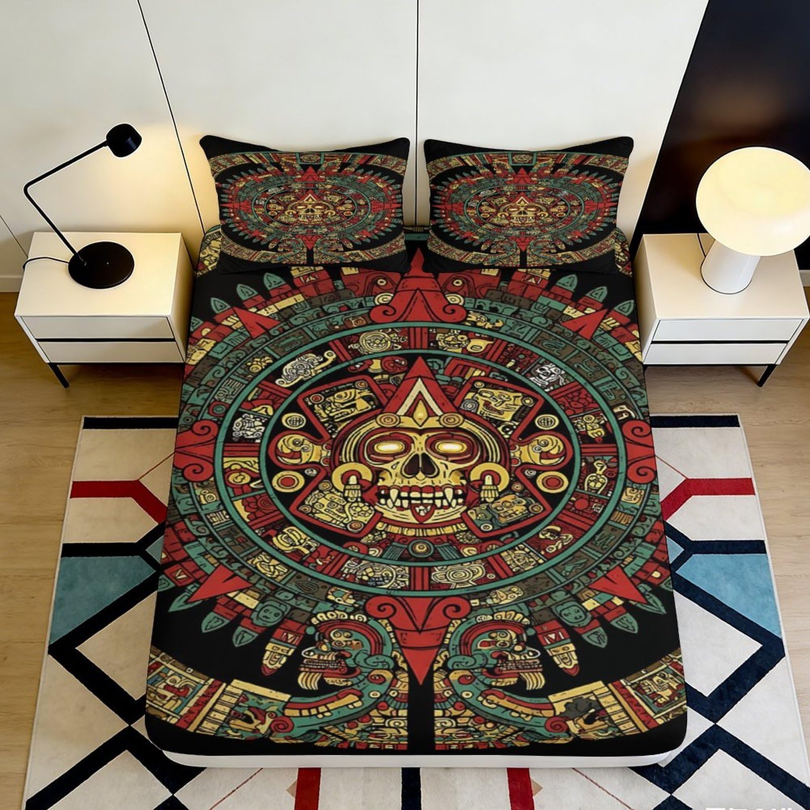 3D Printed Aztec Sun Calendar Fitted Sheet Microfiber Anti-Slip Mayan Skull Mattress Cover Bedroom Decor 180x200x25cm
