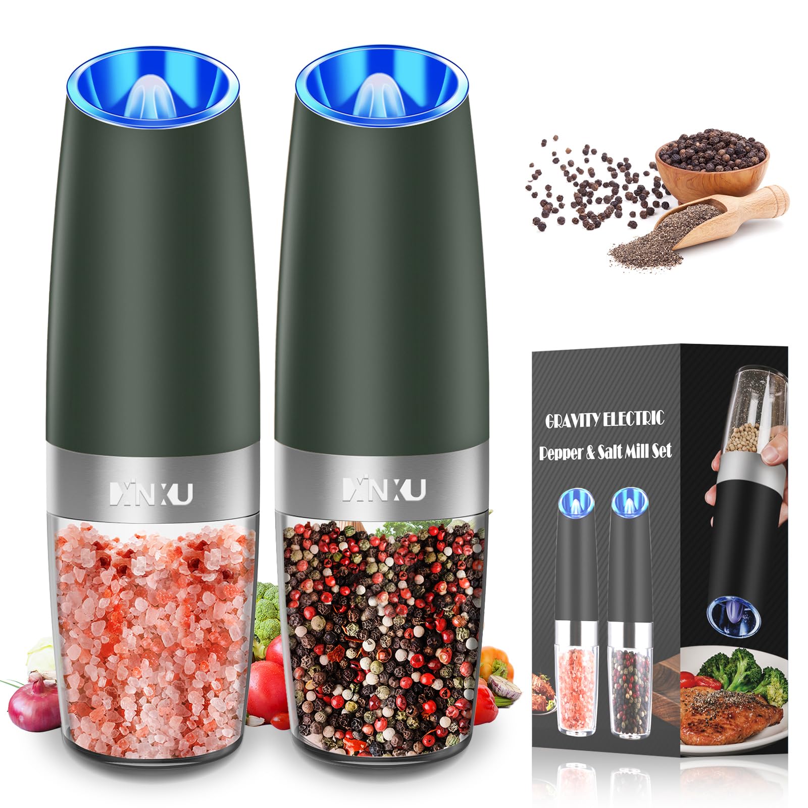 XinXu Gravity Electric Pepper and Salt Grinder Set, Automatic Mill Grinder Shaker,Battery-Operated, Adjustable Coarseness, Stainless Steel, LED Light, One Hand Operated,Dark Green