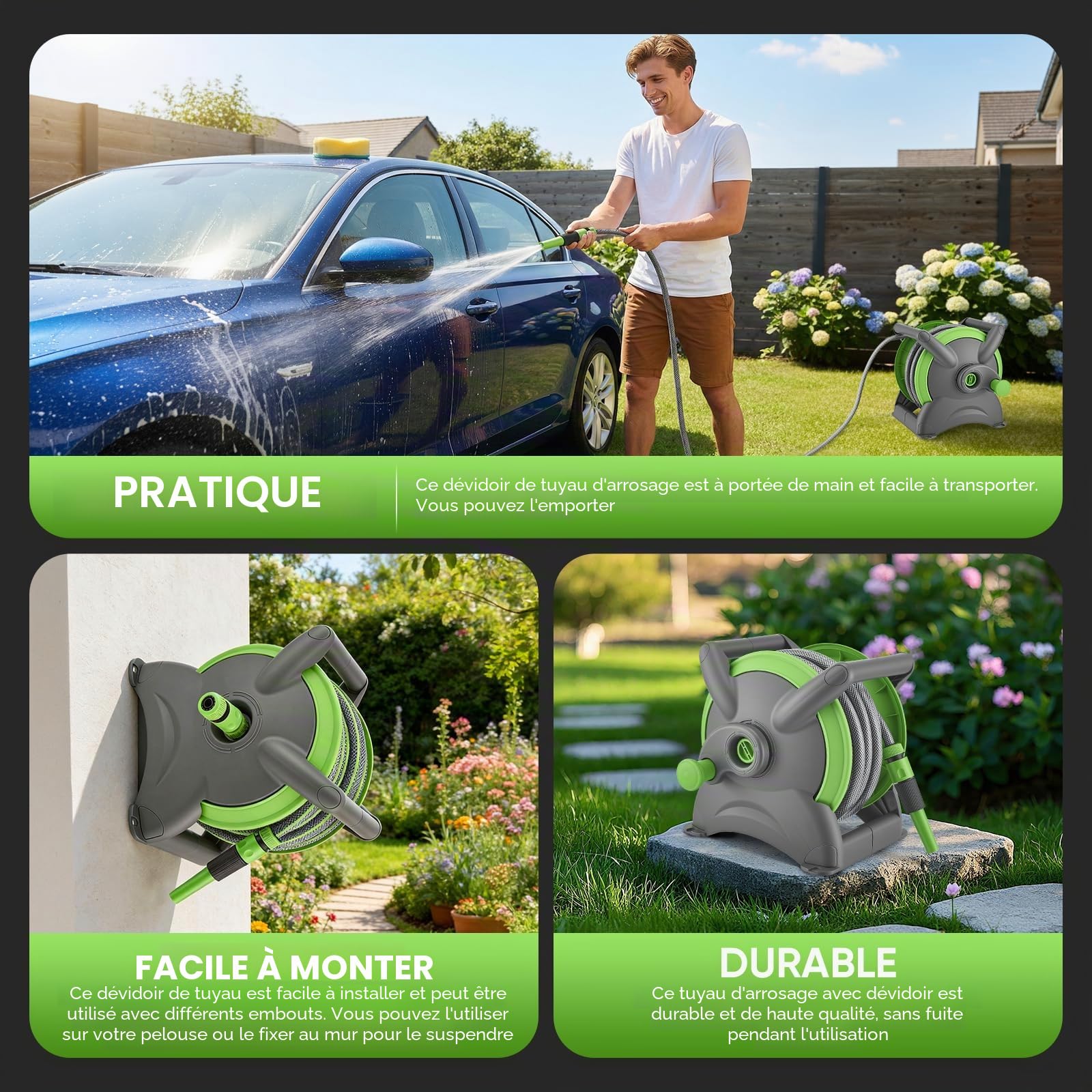 Garden Enrouleur de tuyau de 20 m avec 6 dévidoir mobile de tuyau d'arrosage - Enrouleur de tuyau mobile - Montage mural peu encombrant et amovible à tout moment - Seringue et pièces du système