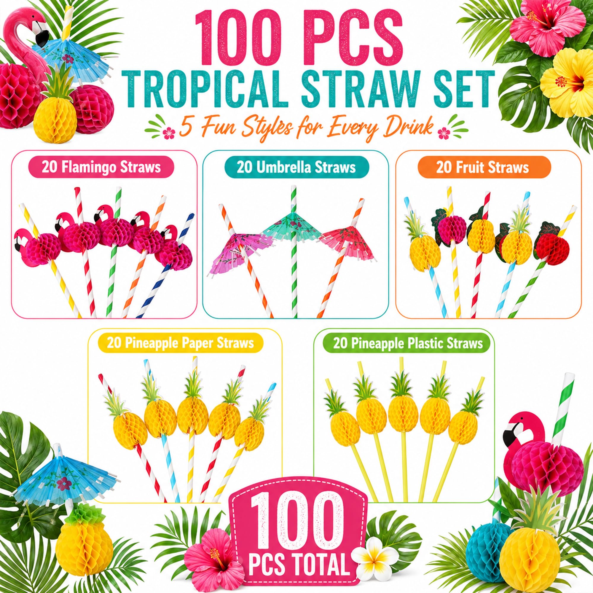 Haundry 100 pajitas de cóctel Luau para fiesta, paraguas de bebida, pajillas de papel de frutas y flamencos para decoración de fiesta hawaiana de verano tropical