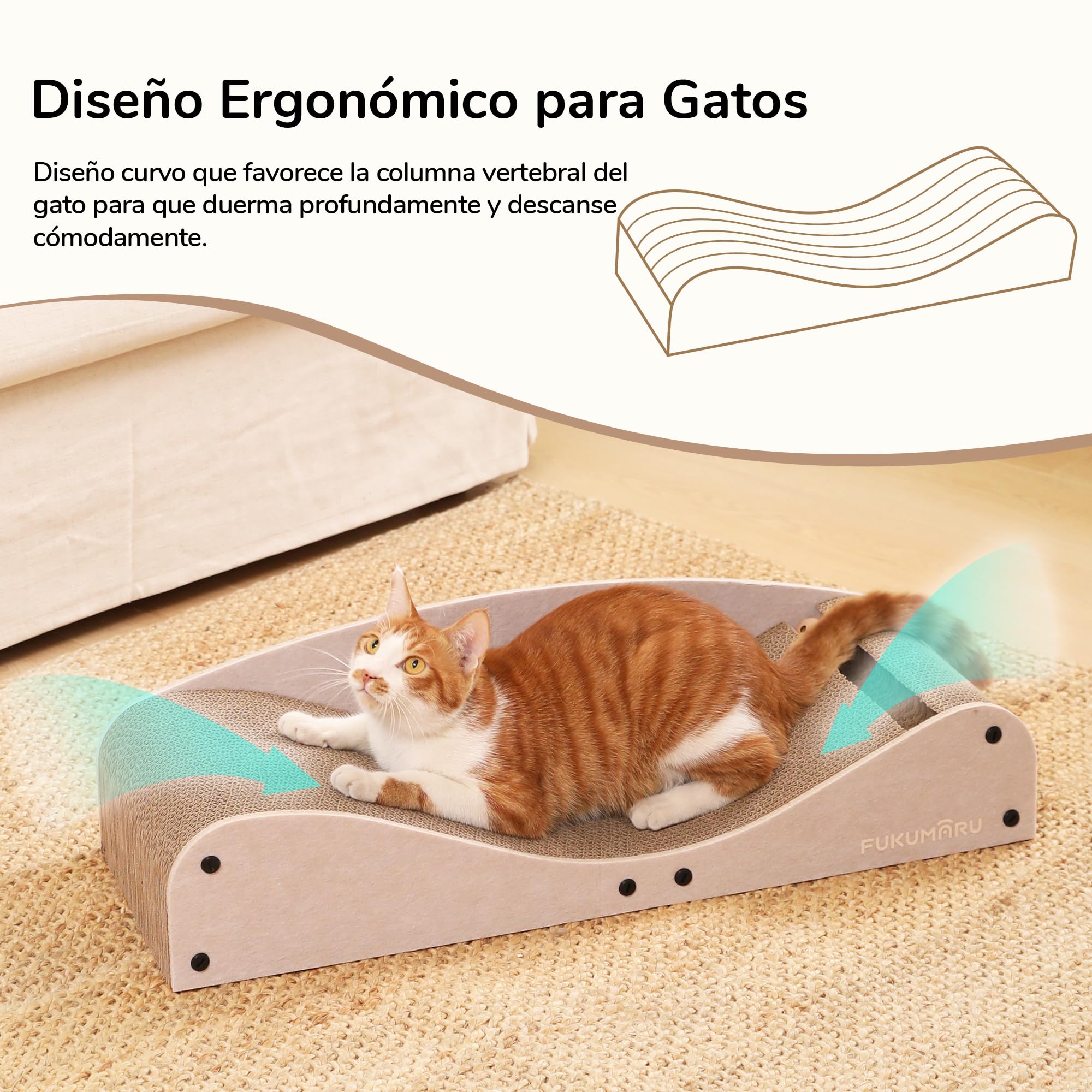 FUKUMARU Rascador para Gatos, 74 cm, cartón y Fieltro Resistentes, Gran Superficie para tumbarse, rascador reciclable de cartón Ondulado con Pelota, Camello