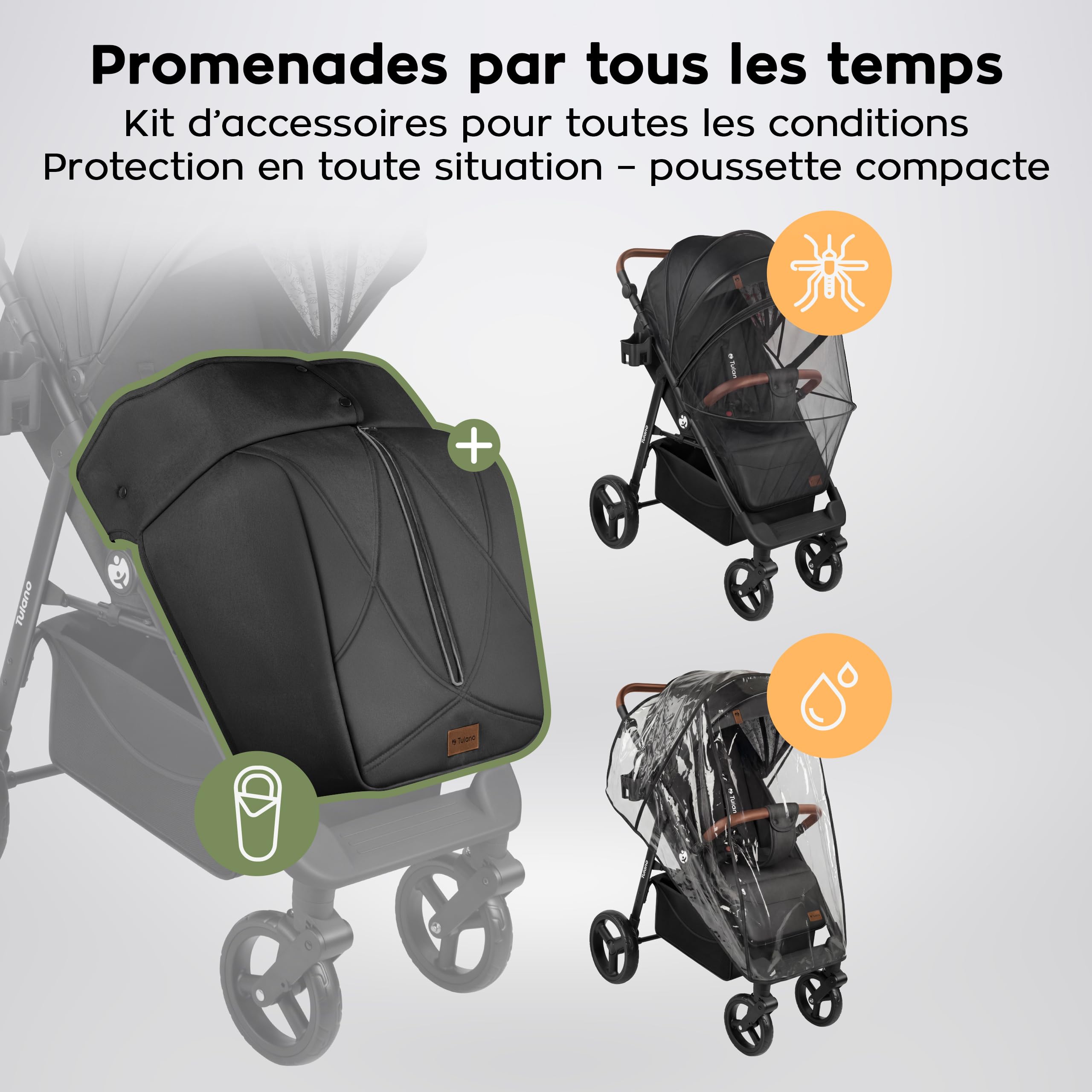 TULANO AVIGNON 35 Poussette Canne & compacte - poussette bebe & voyage & citadine - Dossier inclinable, Repose-Pieds et Guidon Réglables - Jusqu'à 22 kg (3 ans) - Noir