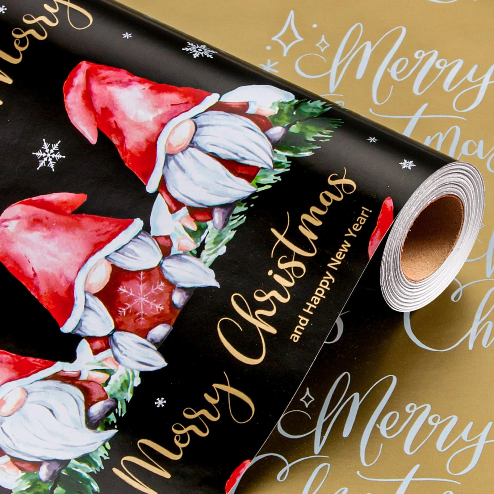 Wikadlik Black Christmas Wrapping Paper Roll - Mini Roll - Vintage Red Gnome Gift Wrap for Christmas Holiday Festive Party - 43cm x 10m โ image 1