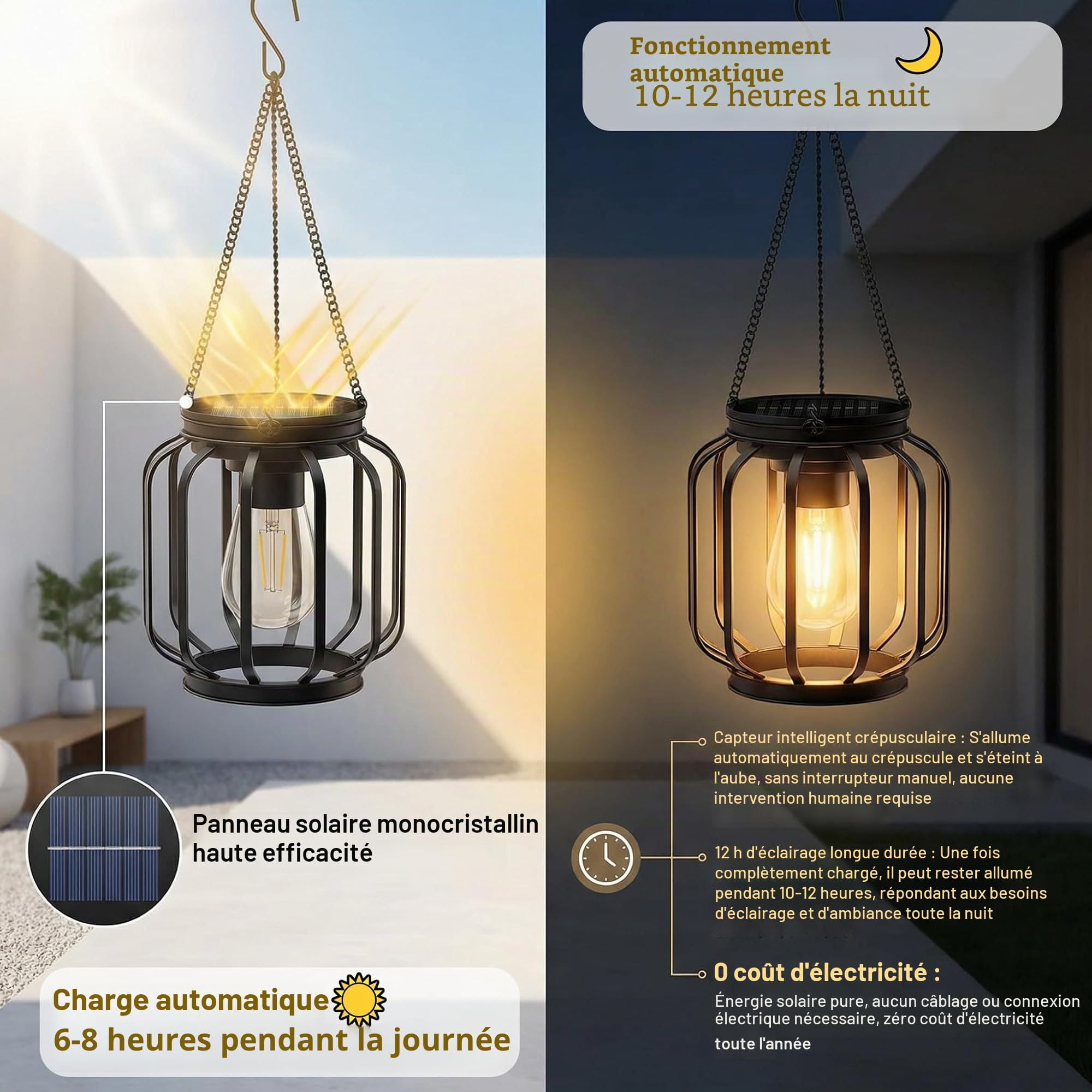 Lanterne Solaire Exterieur Jardin 2 Pièces Suspension Métal IP65 Étanche avec Crochets Chaînes