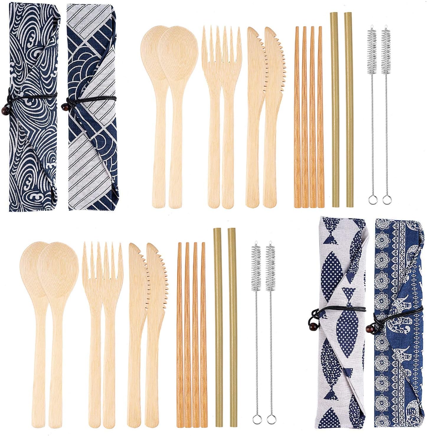 4 Set Bamboo Cutlery Set Bamboo Travel Utensils Set, Reusable Bamboo Utensil Fork Knife Spoon Chopsticks Straw Cleaning Brush with Carrying Bag for Travel Picnic Office School