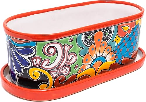 Miniatura 2 de Enchanted Talavera Maceta ovalada de cerámica para suculentas, caja con ventana, cerámica mexicana hecha a mano con platillo de goteo (grande, 15 x