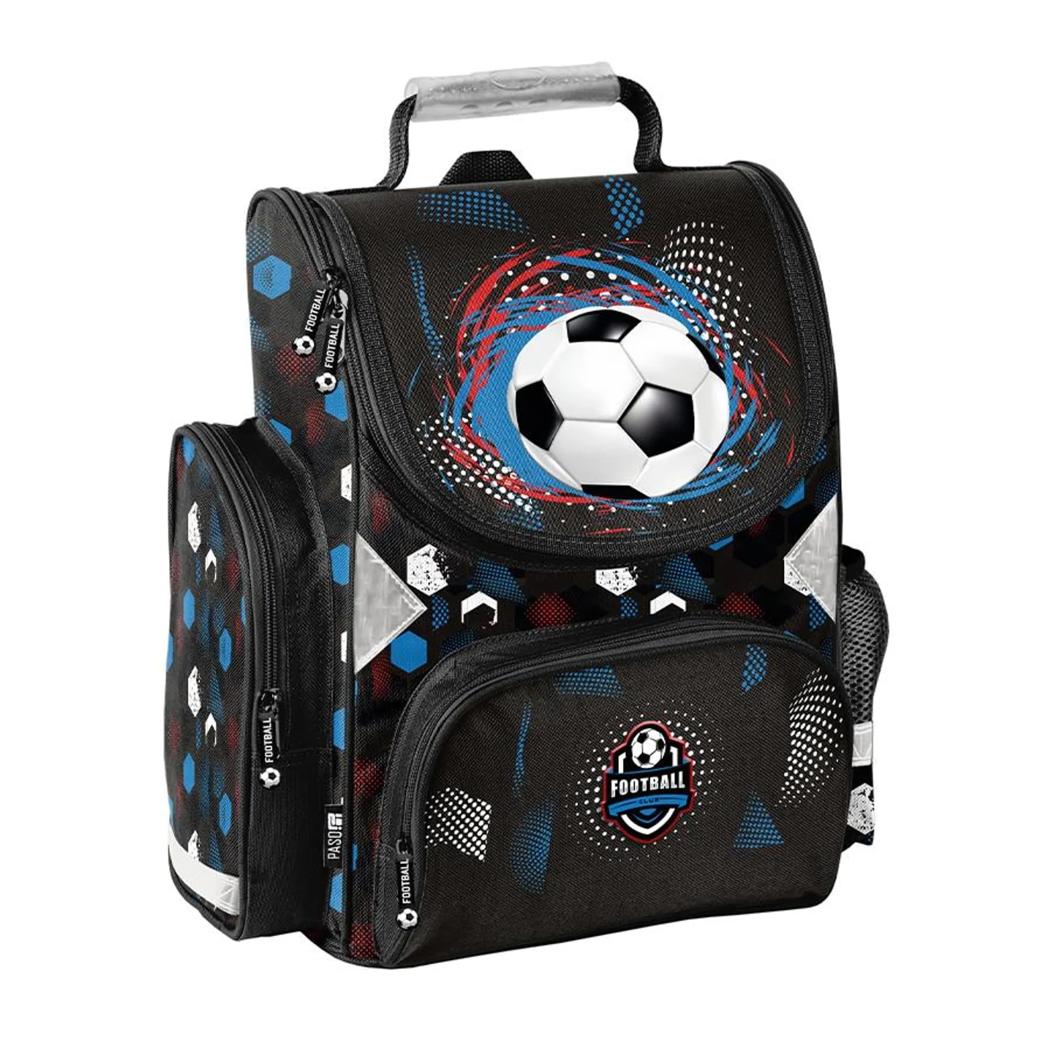 PASO - Schulranzen für Jungen und Mädchen, 6er-Set - Schul-Rucksack für Kinder mit Federmäppchen - Schuhbeutel Trinkflasche und Brotdose - Ball Motiv - 1-3 Klasse