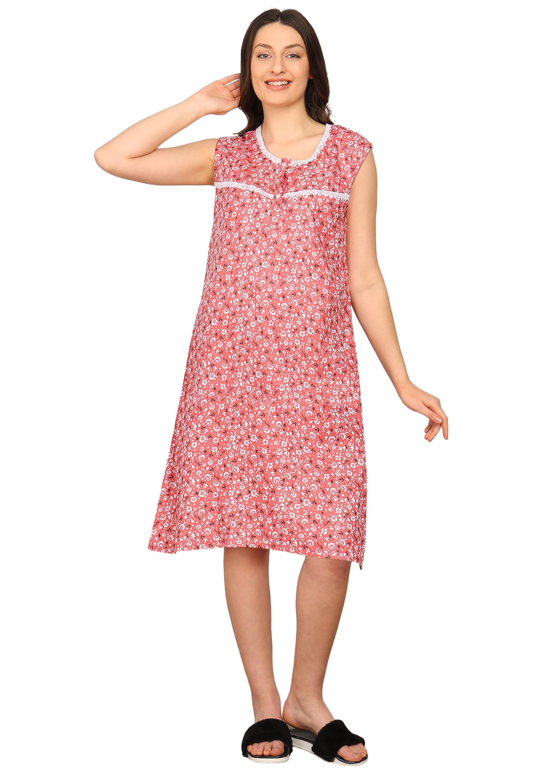 Women’s Cotton Short Nighty – Free Size Floral Sleeveless Nightdress with Round Neck, Soft Breathable Knee-Length Sleepwear for Ladies-image-16