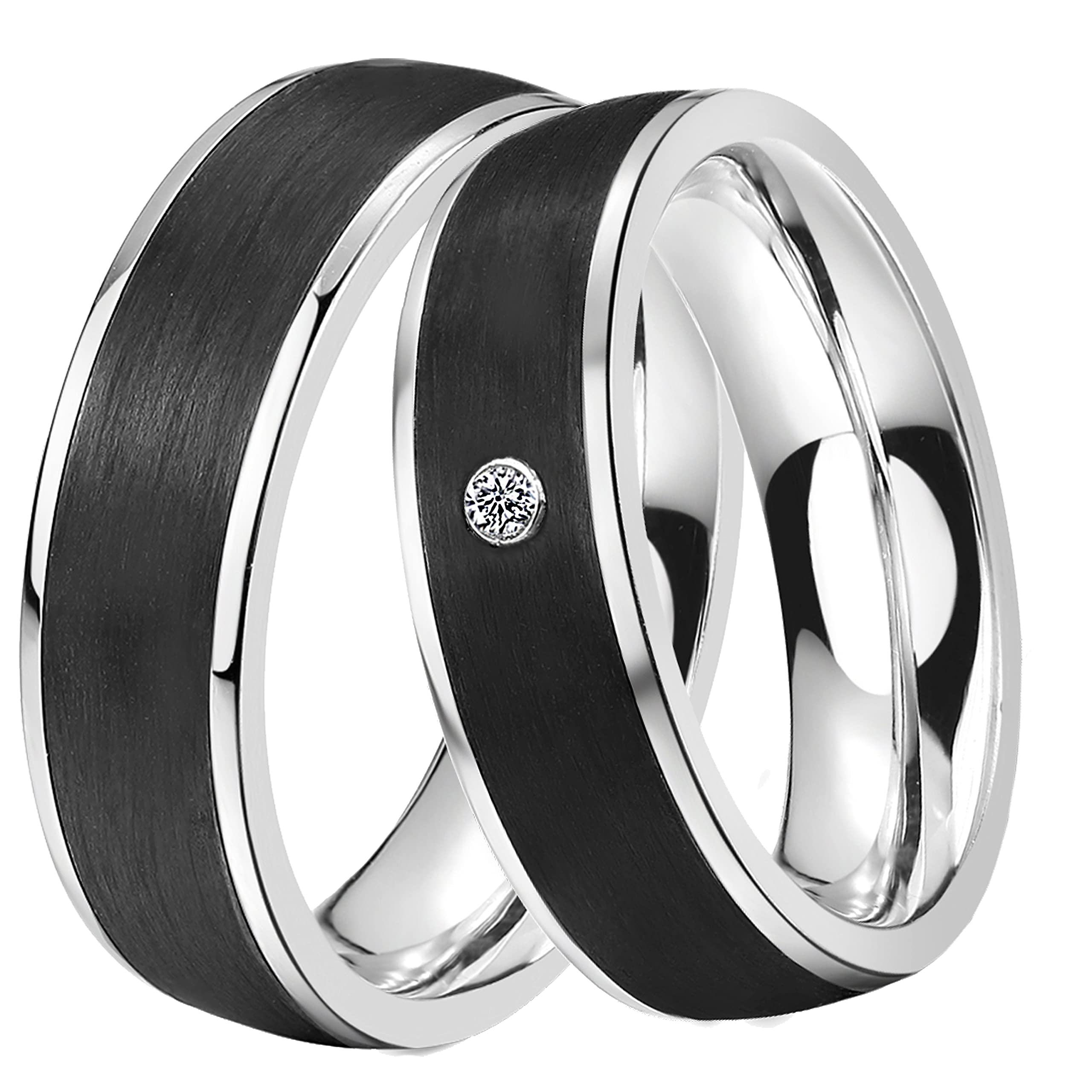 DOOSTI Damen Herren Ring Edelstahl Silber mit Einlage Carbon Schwarz als Partnerring Ehering Freundschaftsring Herrenring Damenring inkl. Gravur mit Namen