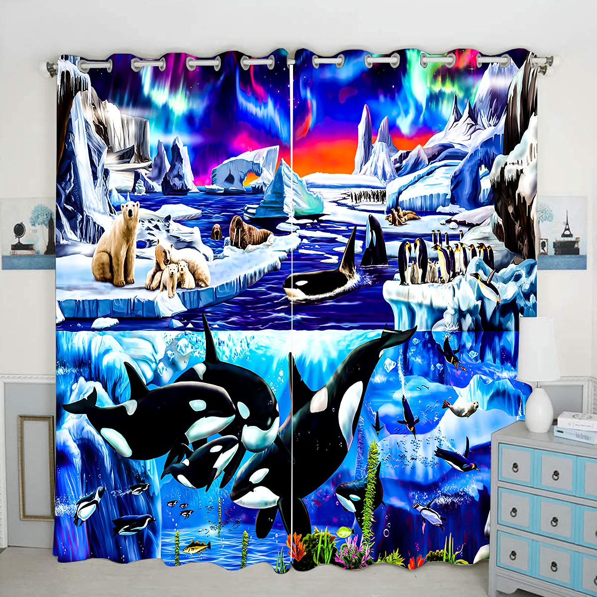 Arctic Animal Curtains, Polar Bear Seal Penguin Whale Glacier Aurora 3D Patterns Microfiber Blackout Fabric Eyelet Blackout Window Drapes for Kids Bedroom, 2 Panels W75cm (29.5") x D166cm (65")