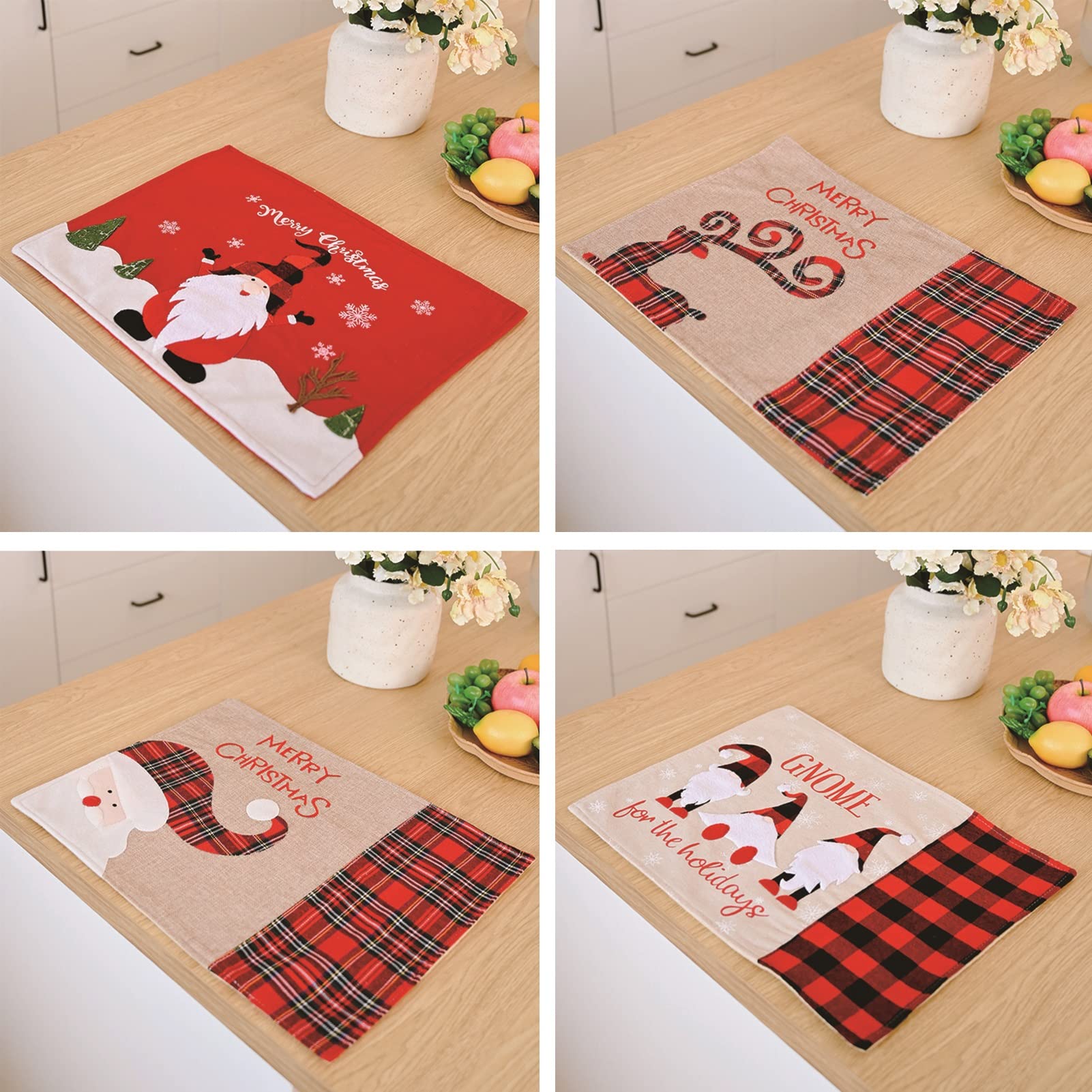 RENRUIRUI- Set De 4 Sets De Table De Noël, Avec Motif Buffalo Check, Bonhomme De Neige, Père Noël Et Wapiti, Décor De Table À Manger De Vacances De Noël, 18 X 13,4 Po