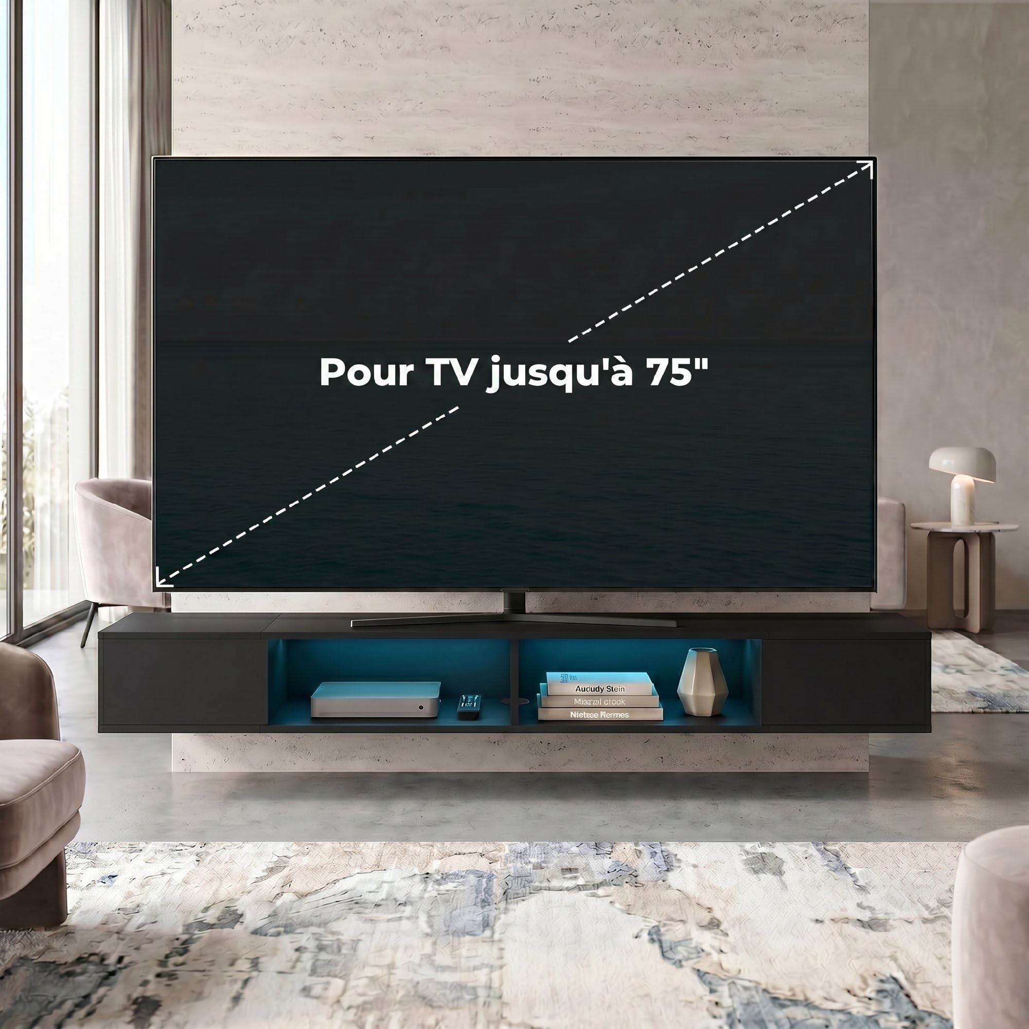 HOMCOM Mobile TV sospeso 180 cm con LED RGB per TV da 75 pollici, nero | Mobile TV, Ripiani aperti, Panca TV a parete per soggiorno