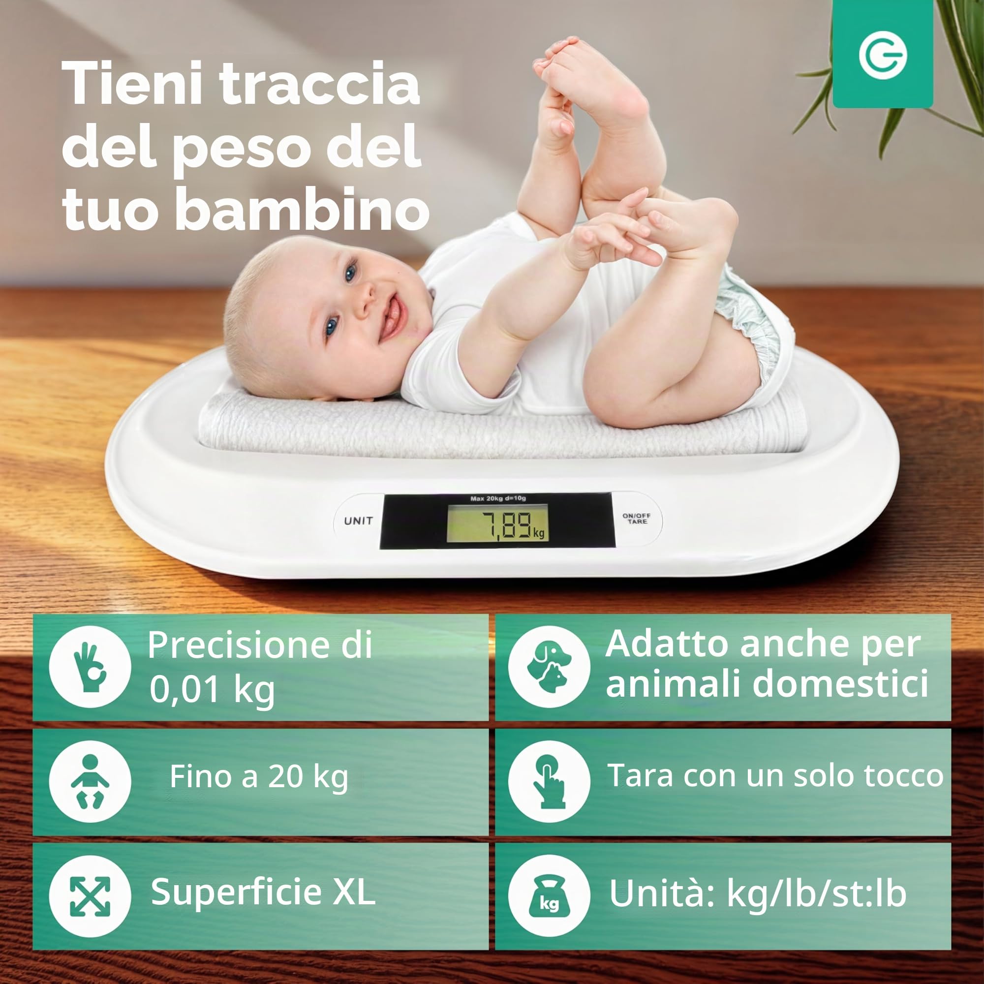 Silvergear® Bilancia digitale per Bambini | Fino a 20 kg | Bilancia Digitale per Neonati | Indicatore LED | Controllo del peso dalla Nascita | Bilancia per Animali | 54,5 x 31,5 x 3,5 cm | Bianco