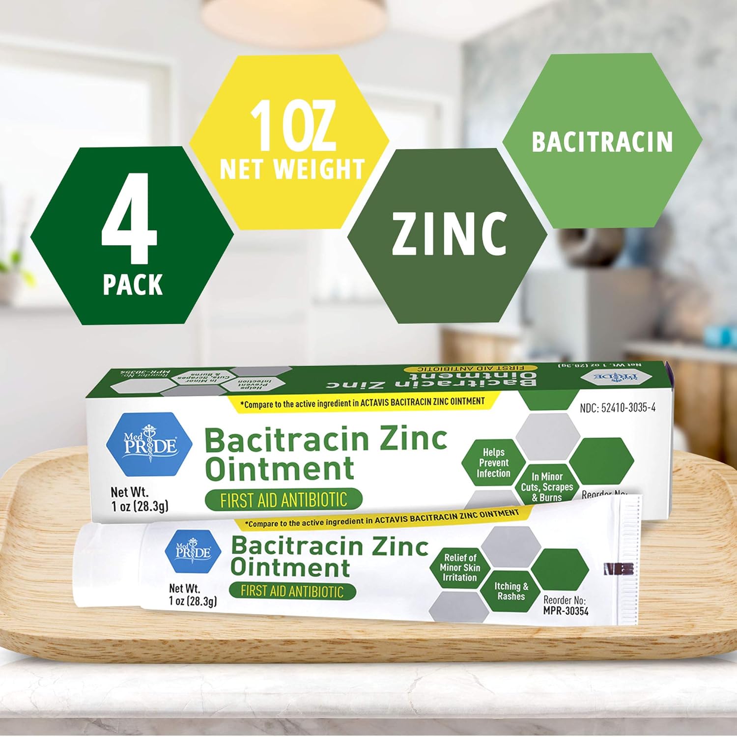 Medpride Antibiotic Ointment| Bacitracin Zinc Ointment| Essential Antibiotic First-Aid Supplies for Home| Relief for Chaffing, Diaper Rash, Dermatitis, Eczema, Itchy/Dry Skin| 1 Oz Tube| 4 Pack : Health & Household
