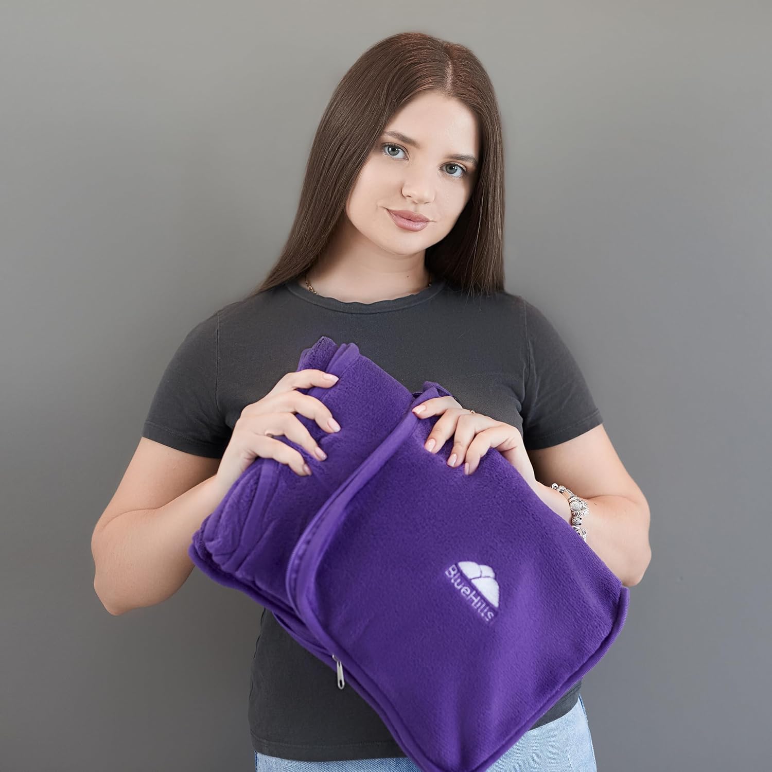 BlueHills Travel Blanket Pillow Premium Soft Plush for Airplane Travel Size Blanket Throw Long Flight Essentials in Compact Bag Plane Portable Lightweight Purple T021 - Image 7