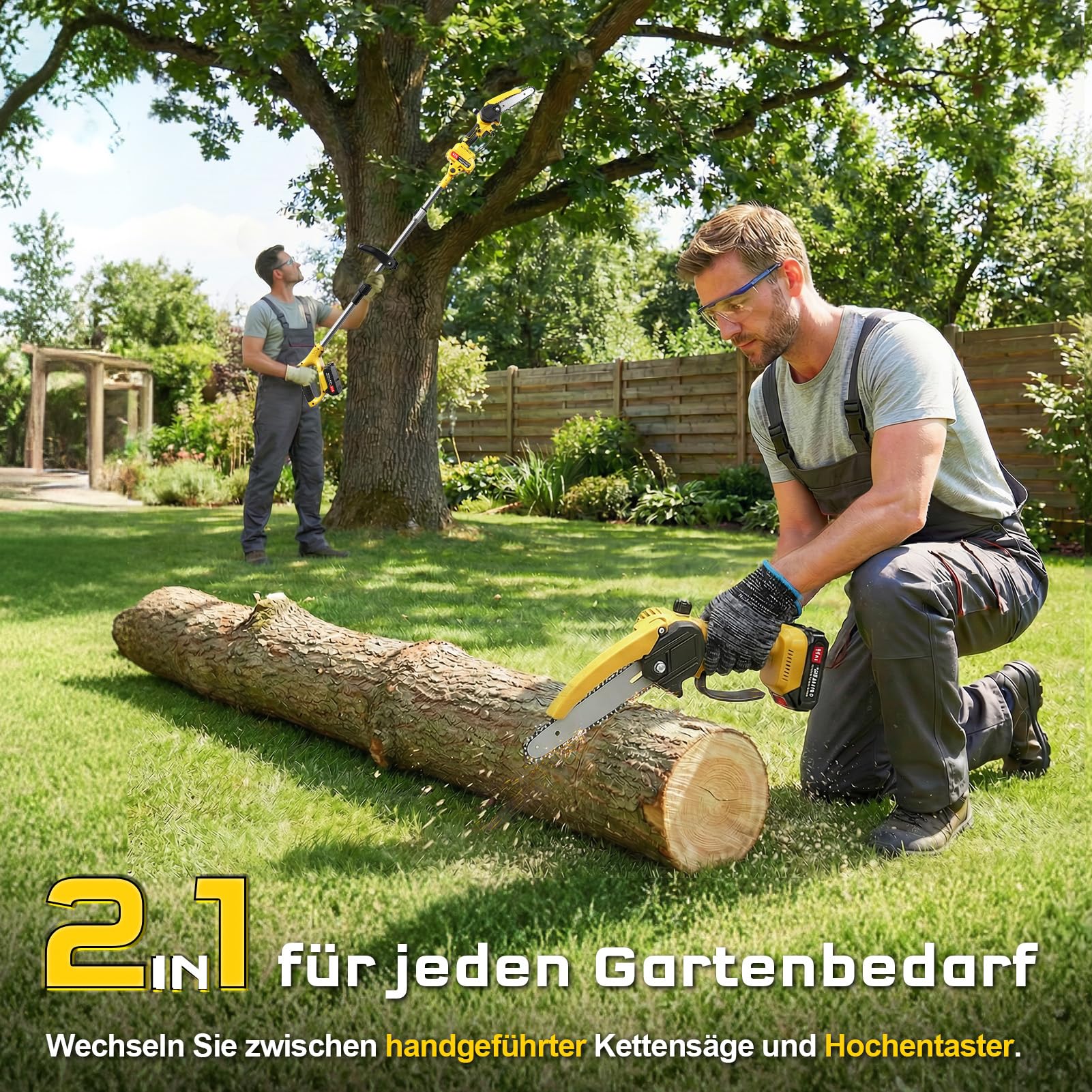2-in-1 Hochentaster Akku & 6 Zoll Mini Kettensäge mit 2×2.0ah Akku, Bürstenloser Motor, Arbeitshöhe bis1.72m, 21V Teleskop Astsäge Astschere Hochentaster Elektrisch für Baumzweige, Holzschneiden