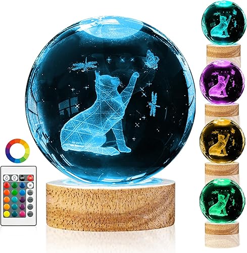 Miniatura 1 de Bola de cristal 3D con bola de cristal de luz nocturna, regalos para amantes de los gatos para mujeres, lámpara de figuras de gato de 3.15 pulgadas