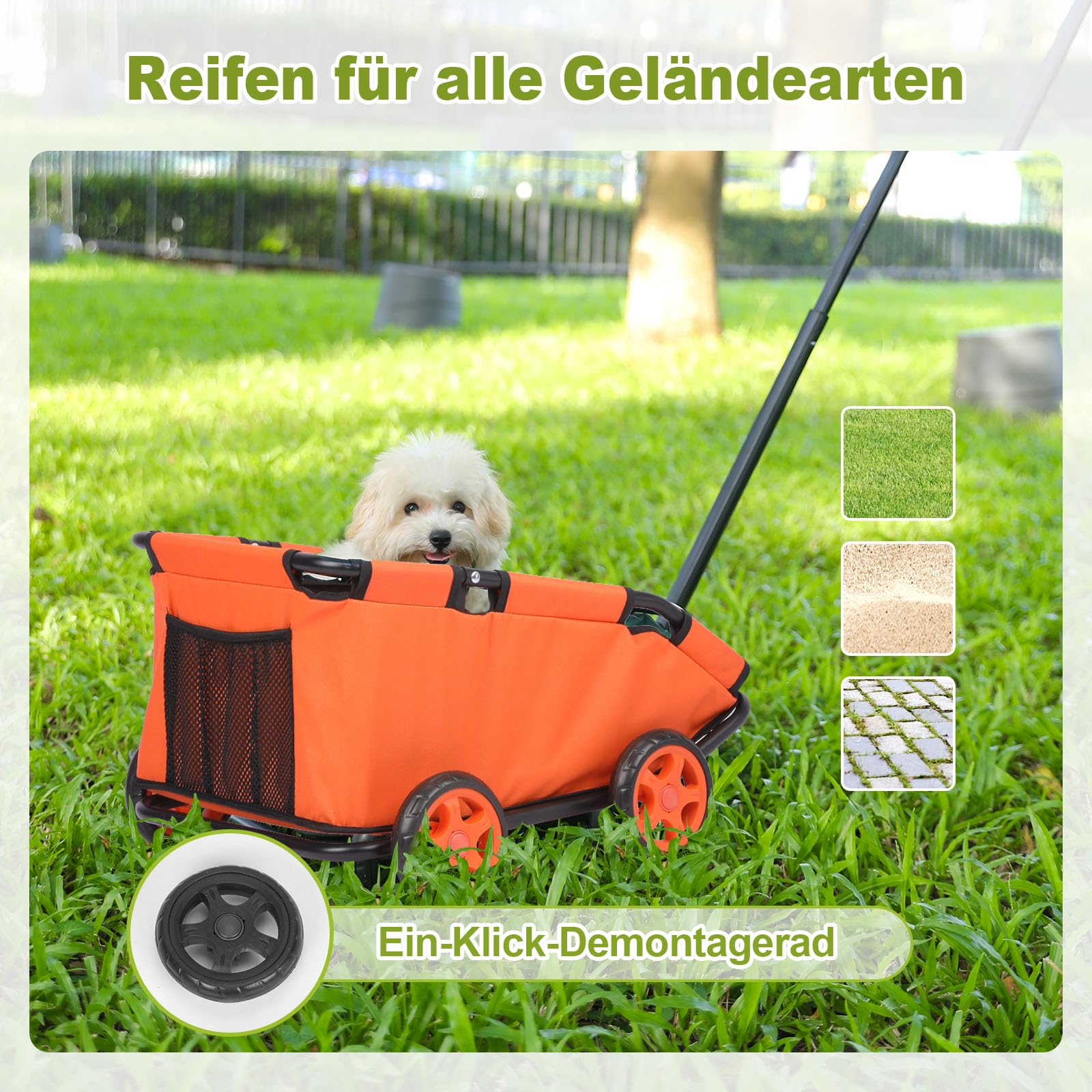 Passeggino per mini animali domestici, carrello della spesa pieghevole multifunzionale con maniglia estensibile, cuscino integrato e corda di sicurezza con borsa (arancione)