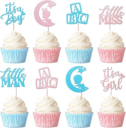 Rsstarxi Paquete de 24 adornos para cupcakes para niño o niña, con purpurina para bebé, niña con texto en inglés "It's a Girl", decoración de