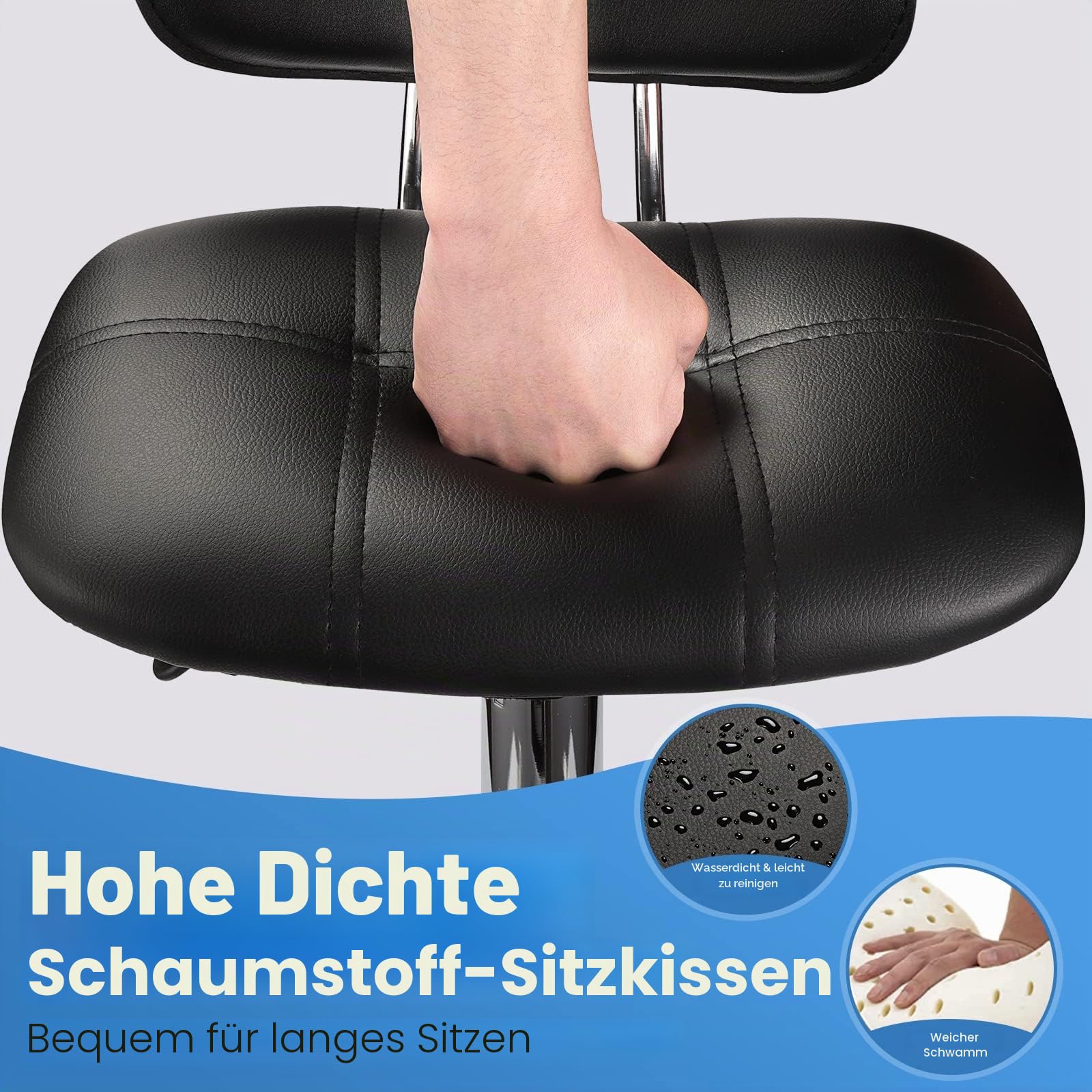 HMTOT Eckiger Rollhocker mit Lehne, höhenverstellbar, Drehhocker mit Rollen, Schwarz