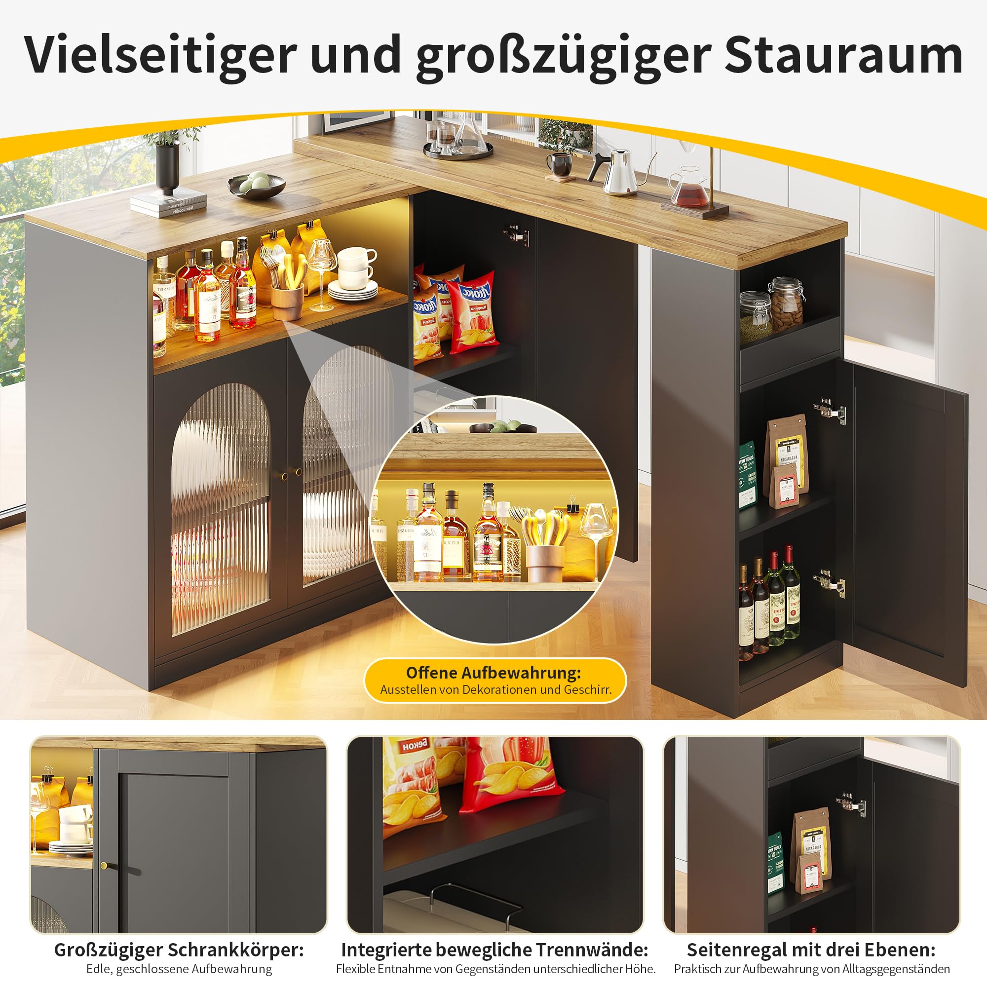 Credenza Moderna Girevole 360° con Luce LED, Vetro Changhong - Multifunzione: Mobile Bar, Cantinetta Vini, Scrivania Legno, Angolo Caffè - Nero Opaco/Venatura Legno 197x40x100 cm